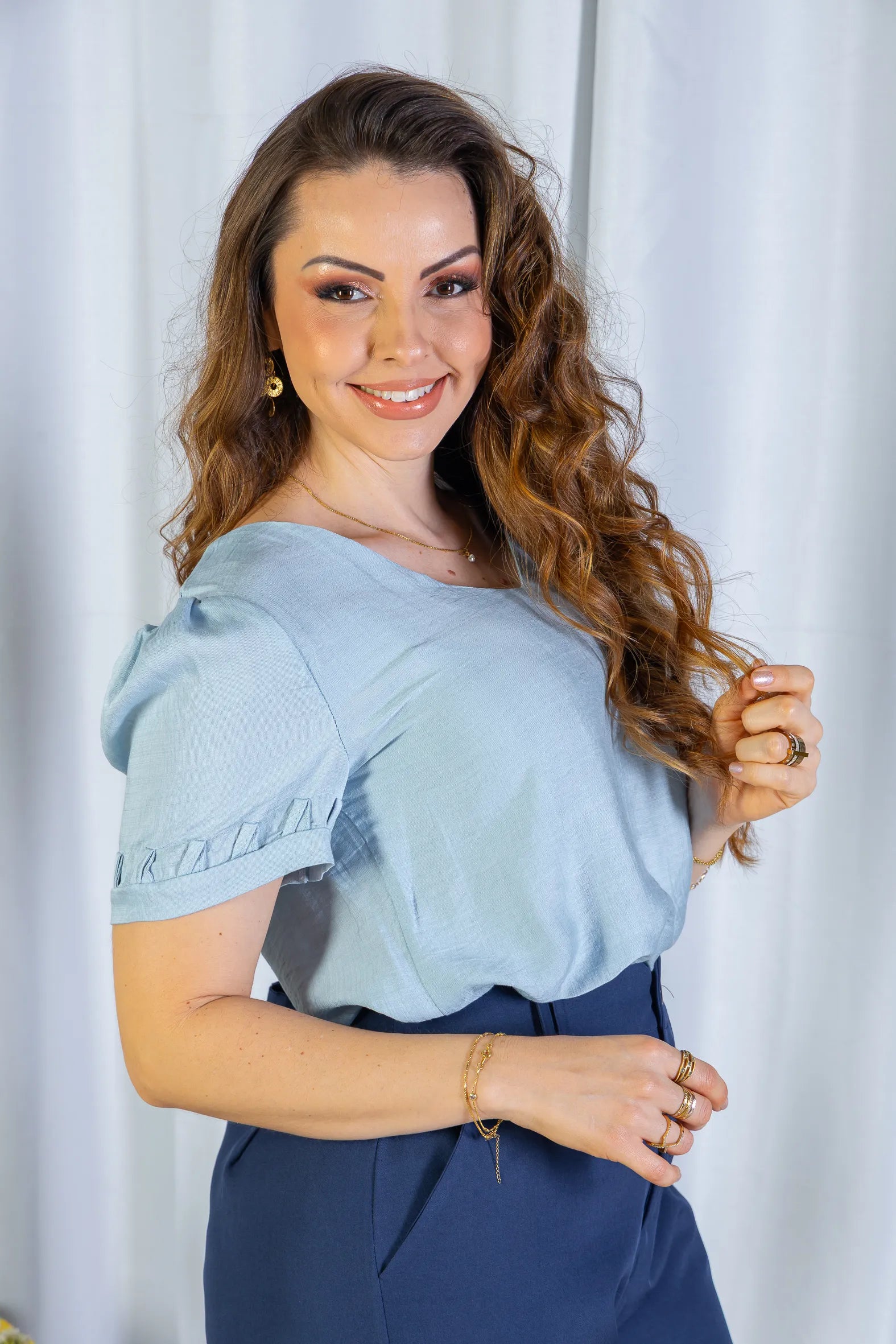 Blusa Manga Curta Decote "V" Visco Nature Gal Costa Azul