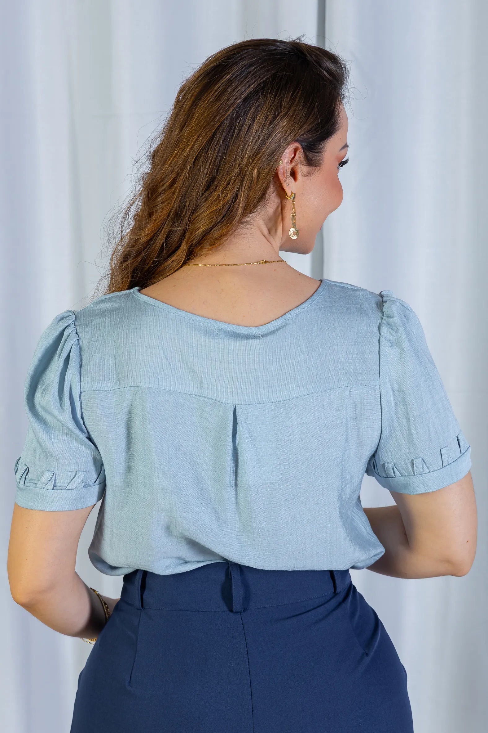 Blusa Manga Curta Decote "V" Visco Nature Gal Costa Azul
