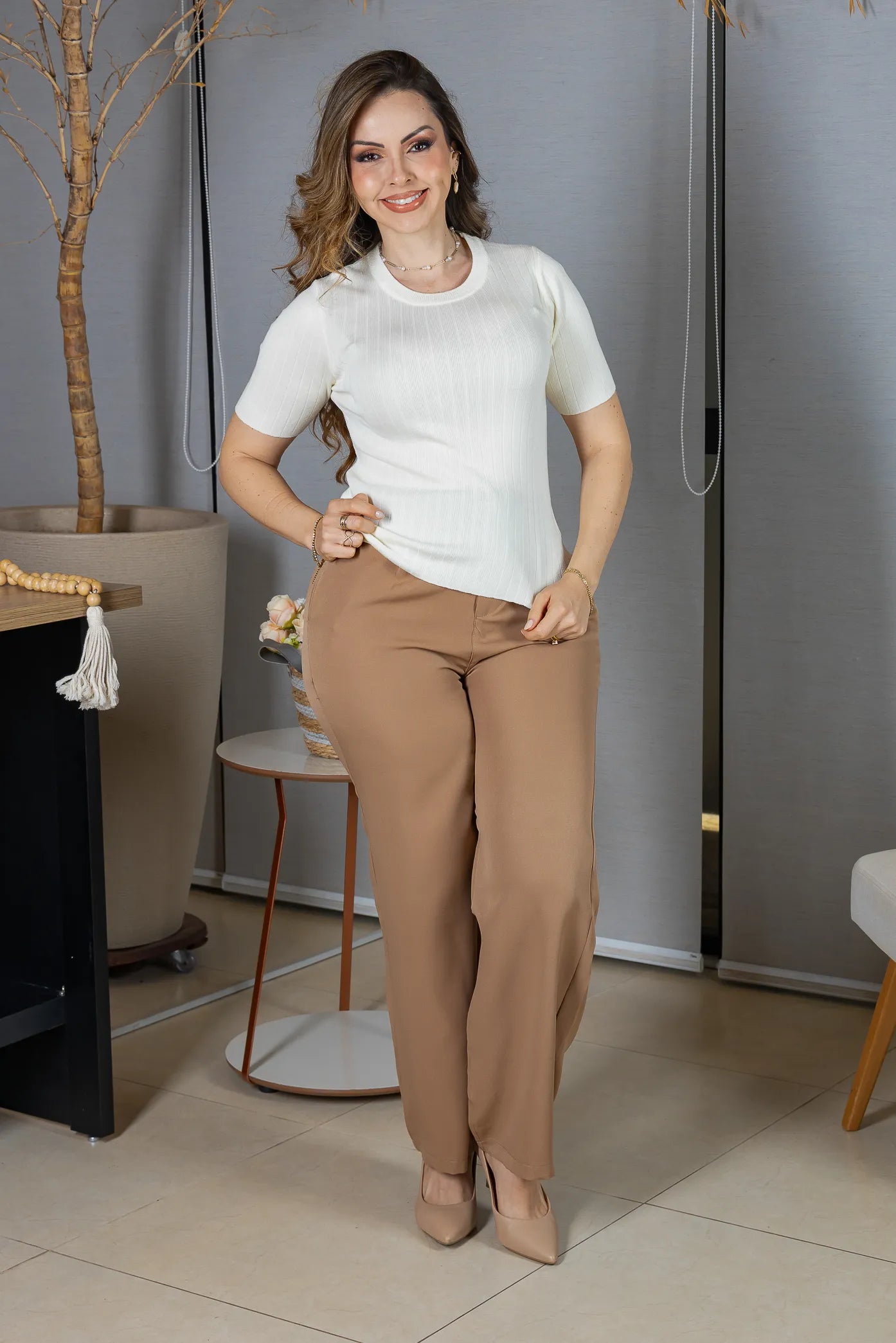 Blusa Manga Curta em Modal Canelado com Meia Gola Paloma Creme