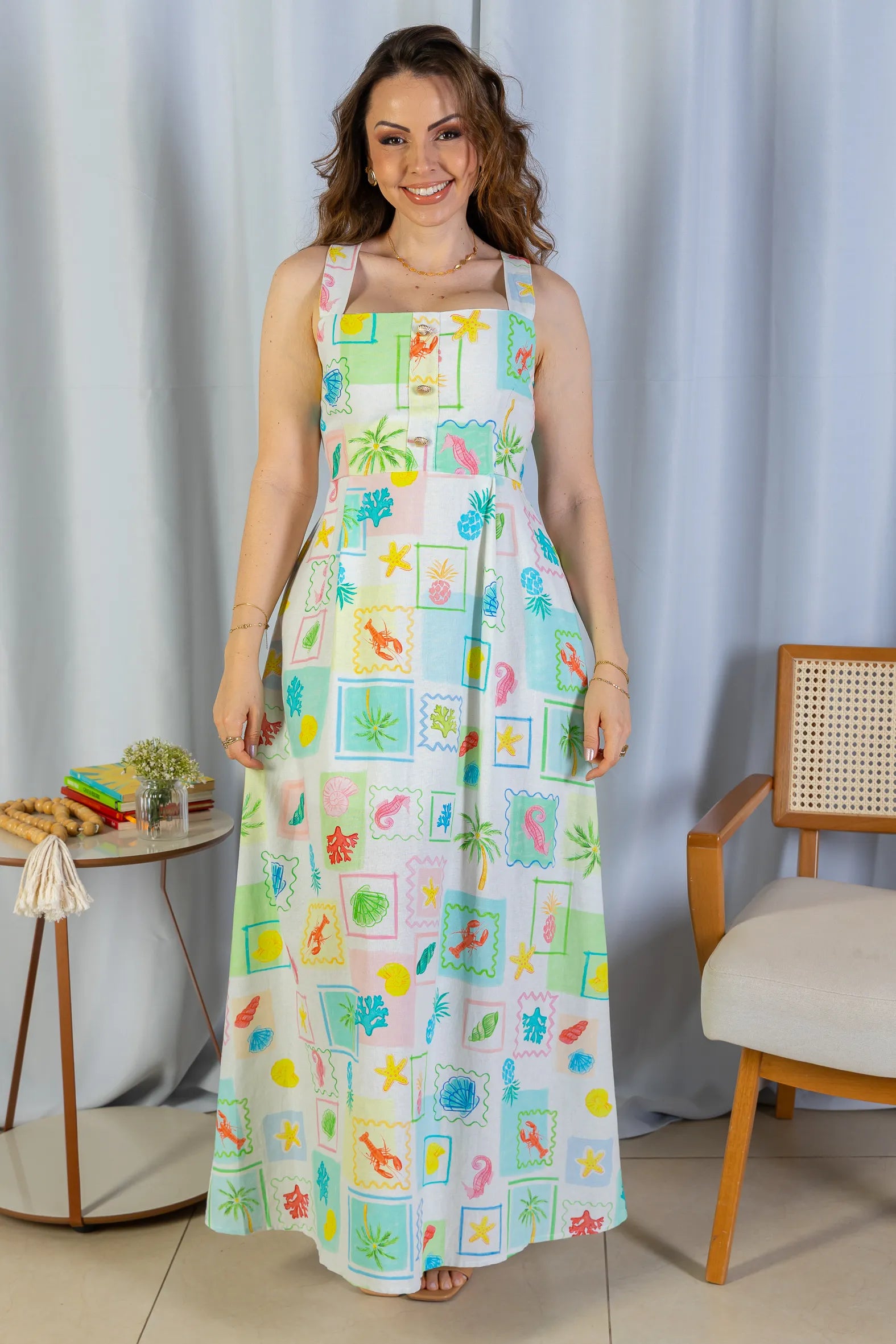 Vestido Longo Amarração Cotton Mix Ísis Valverde Estampado Verde