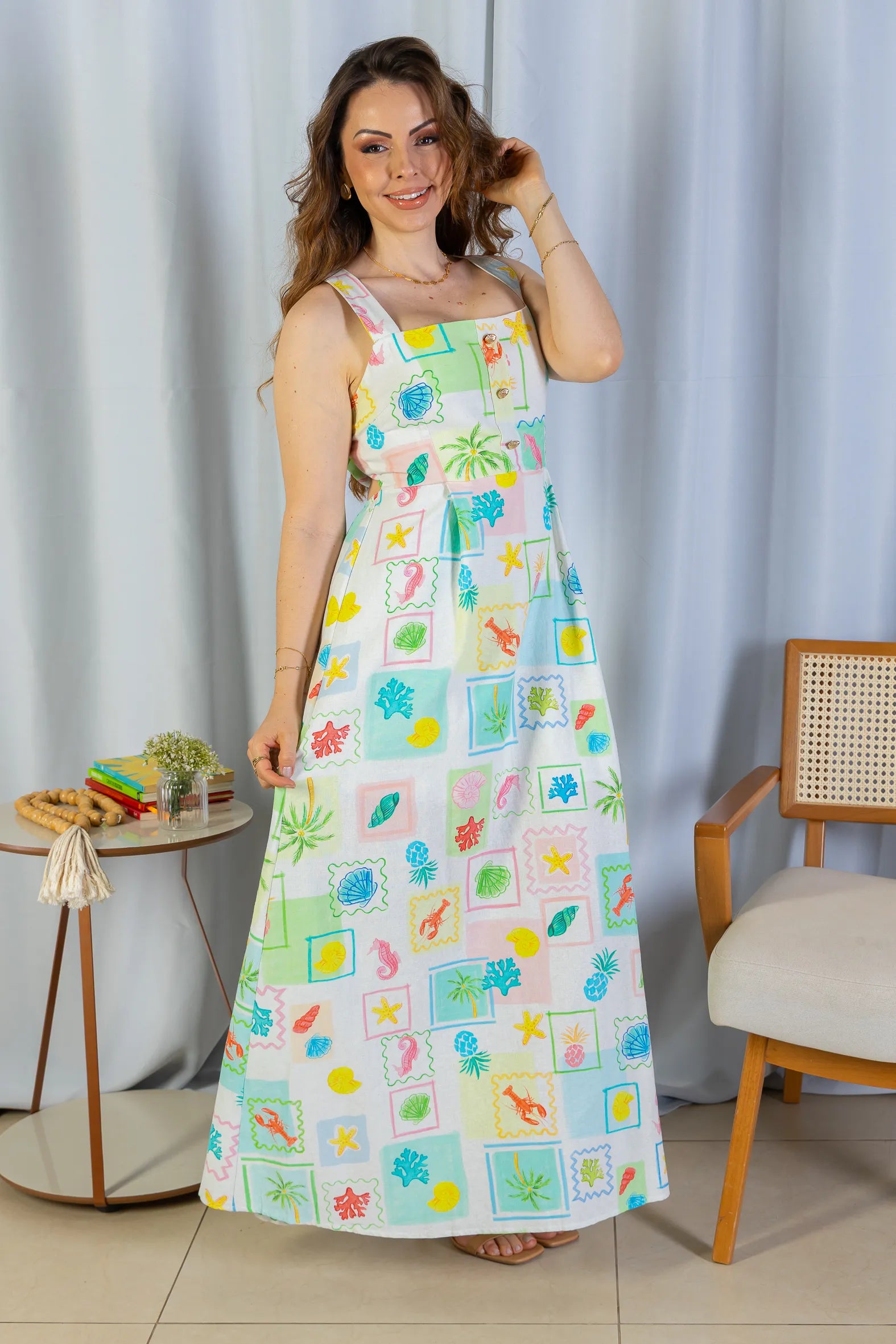 Vestido Longo Amarração Cotton Mix Ísis Valverde Estampado Verde