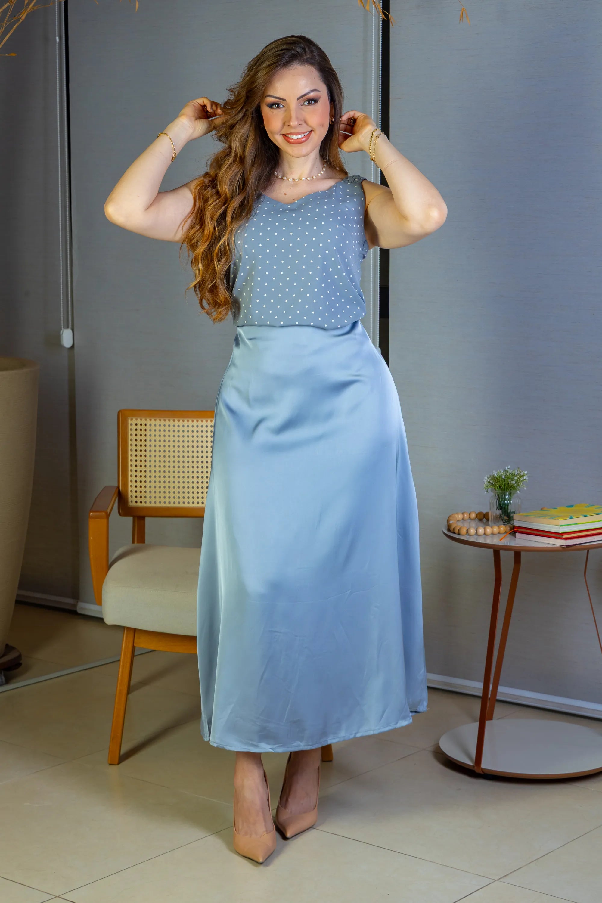 Blusa Regata Detalhe Alça Estampada Poá Crepe Classic Isabel Azul