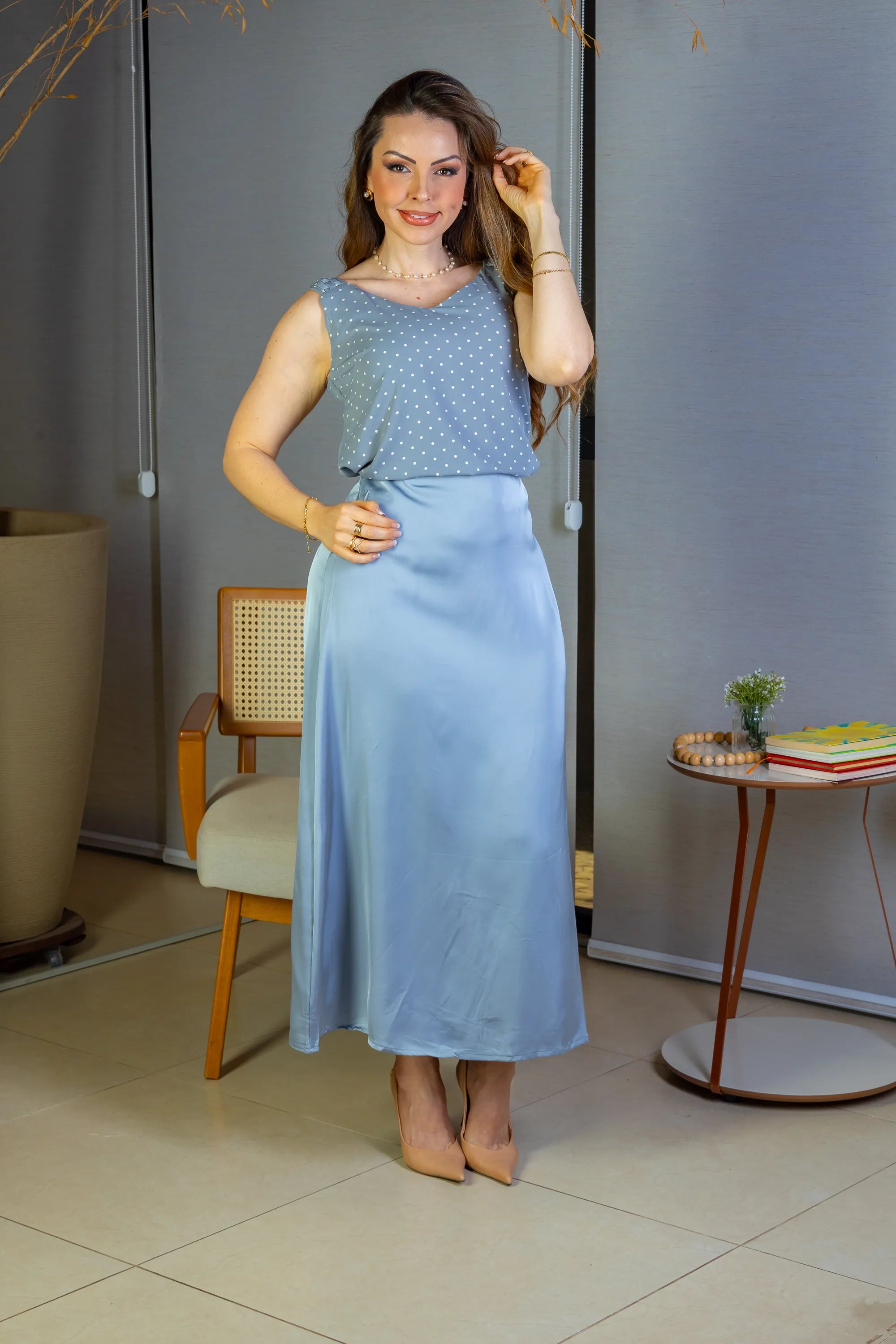 Blusa Regata Detalhe Alça Estampada Poá Crepe Classic Isabel Azul