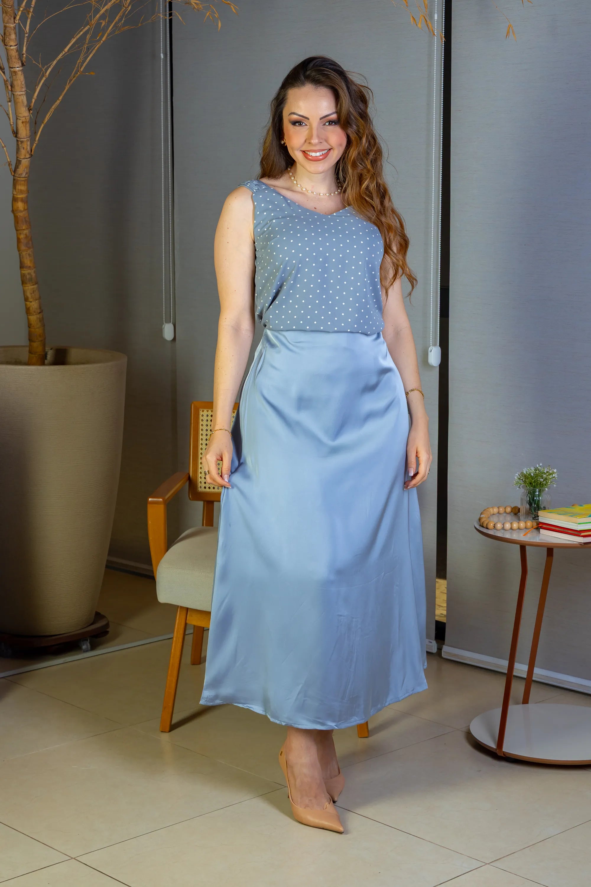 Blusa Regata Detalhe Alça Estampada Poá Crepe Classic Isabel Azul
