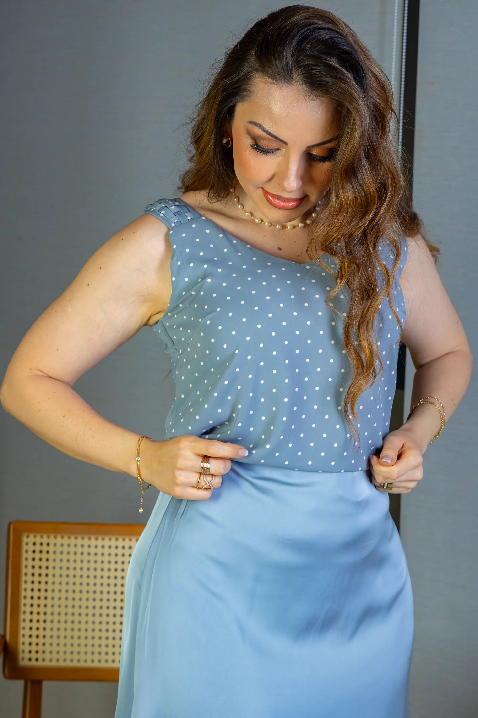 Blusa Regata Detalhe Alça Estampada Poá Crepe Classic Isabel Azul
