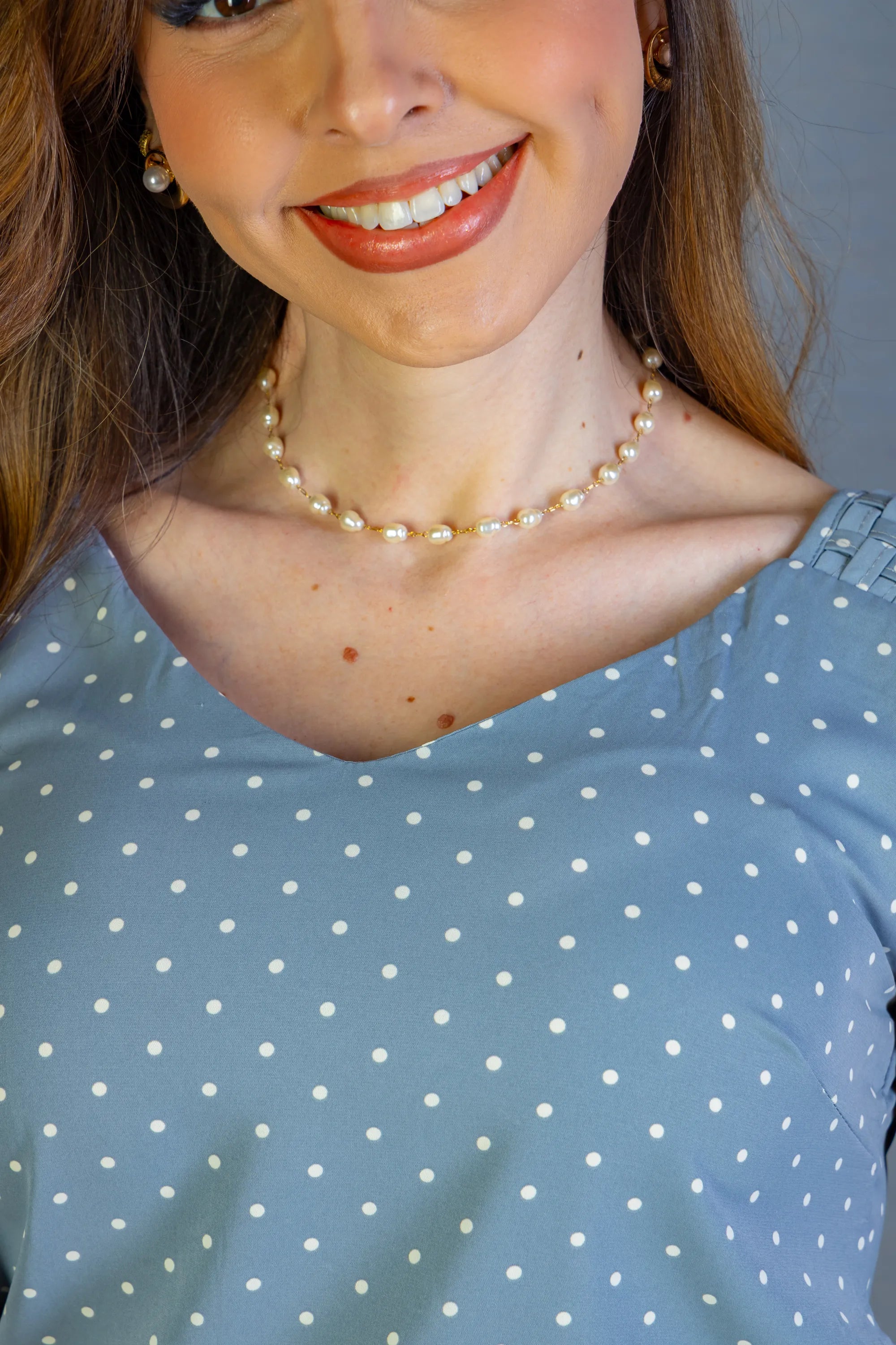 Blusa Regata Detalhe Alça Estampada Poá Crepe Classic Isabel Azul