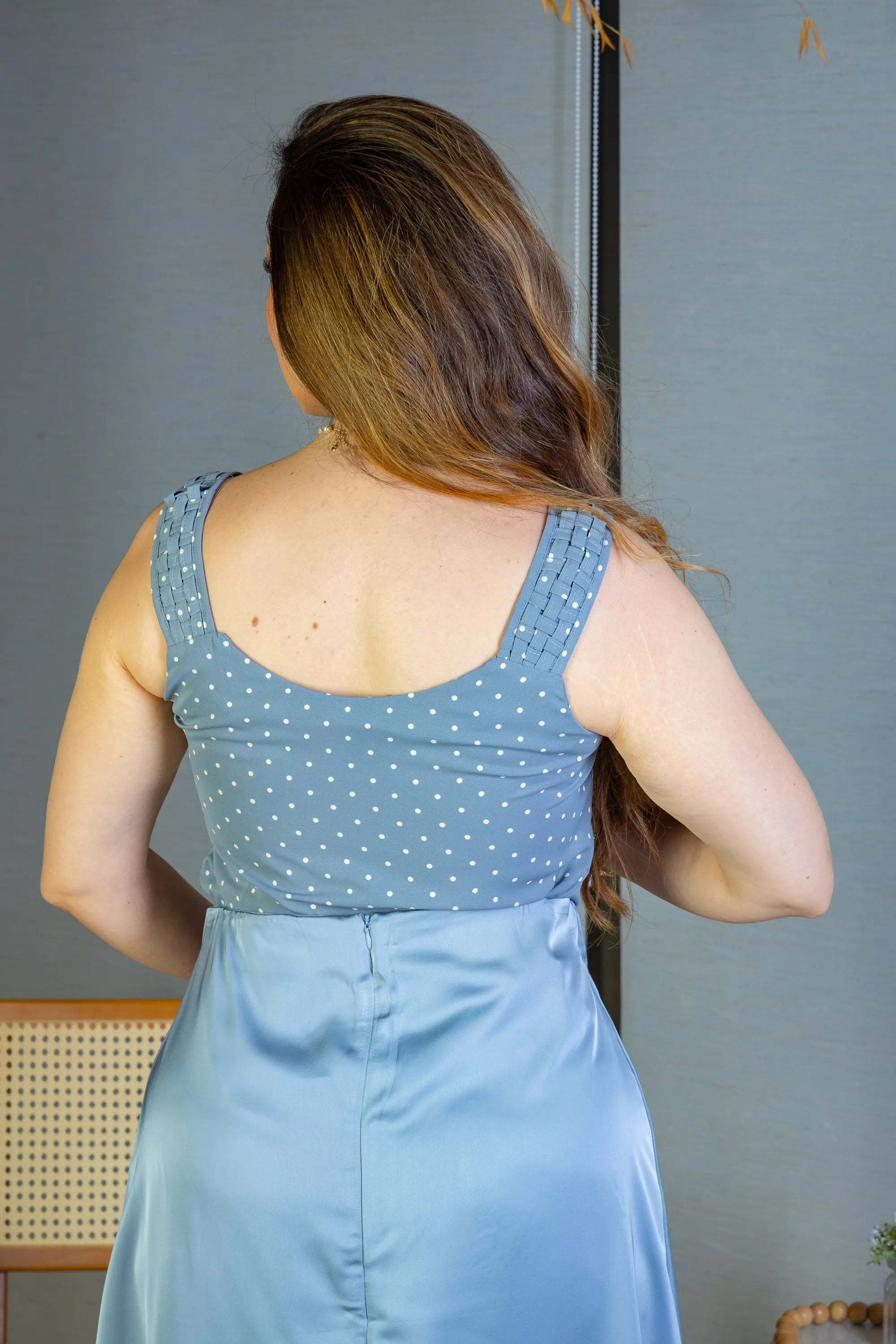 Blusa Regata Detalhe Alça Estampada Poá Crepe Classic Isabel Azul