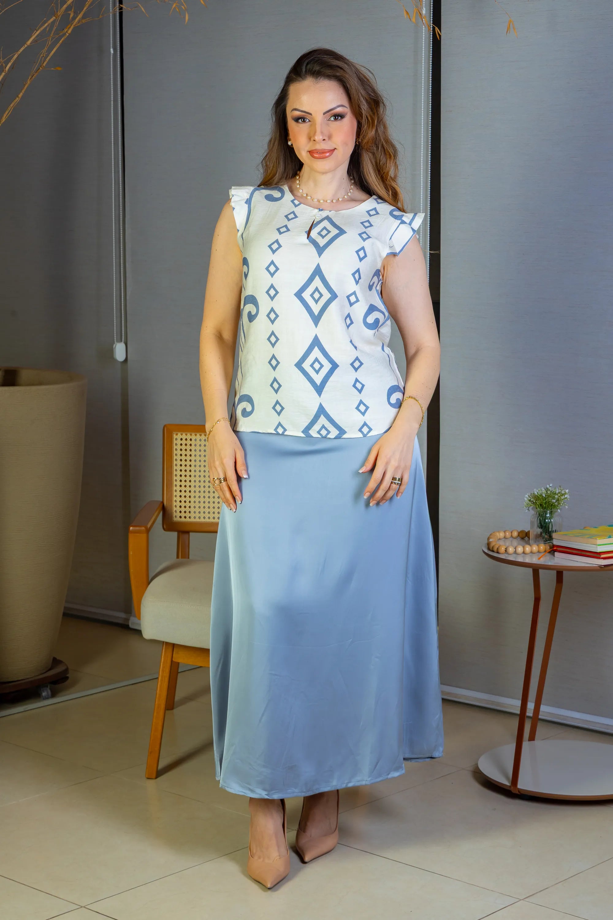 Blusa Regata Babados Sheila Visco Brise Estampada Azul