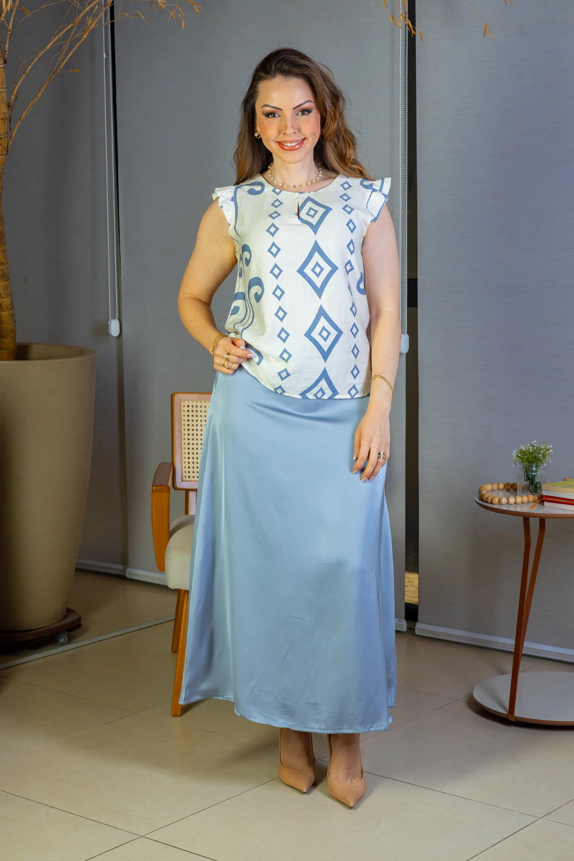 Blusa Regata Babados Sheila Visco Brise Estampada Azul