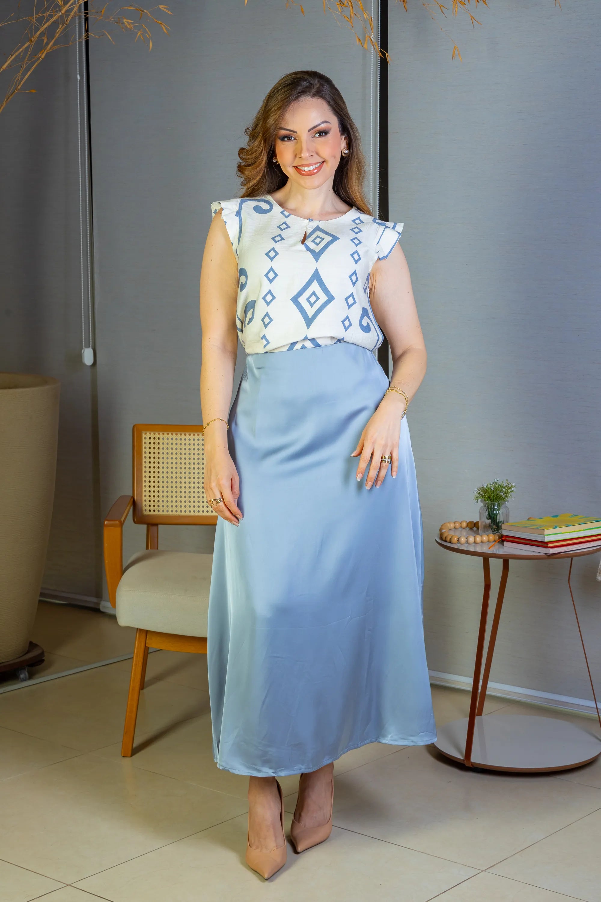 Blusa Regata Babados Sheila Visco Brise Estampada Azul