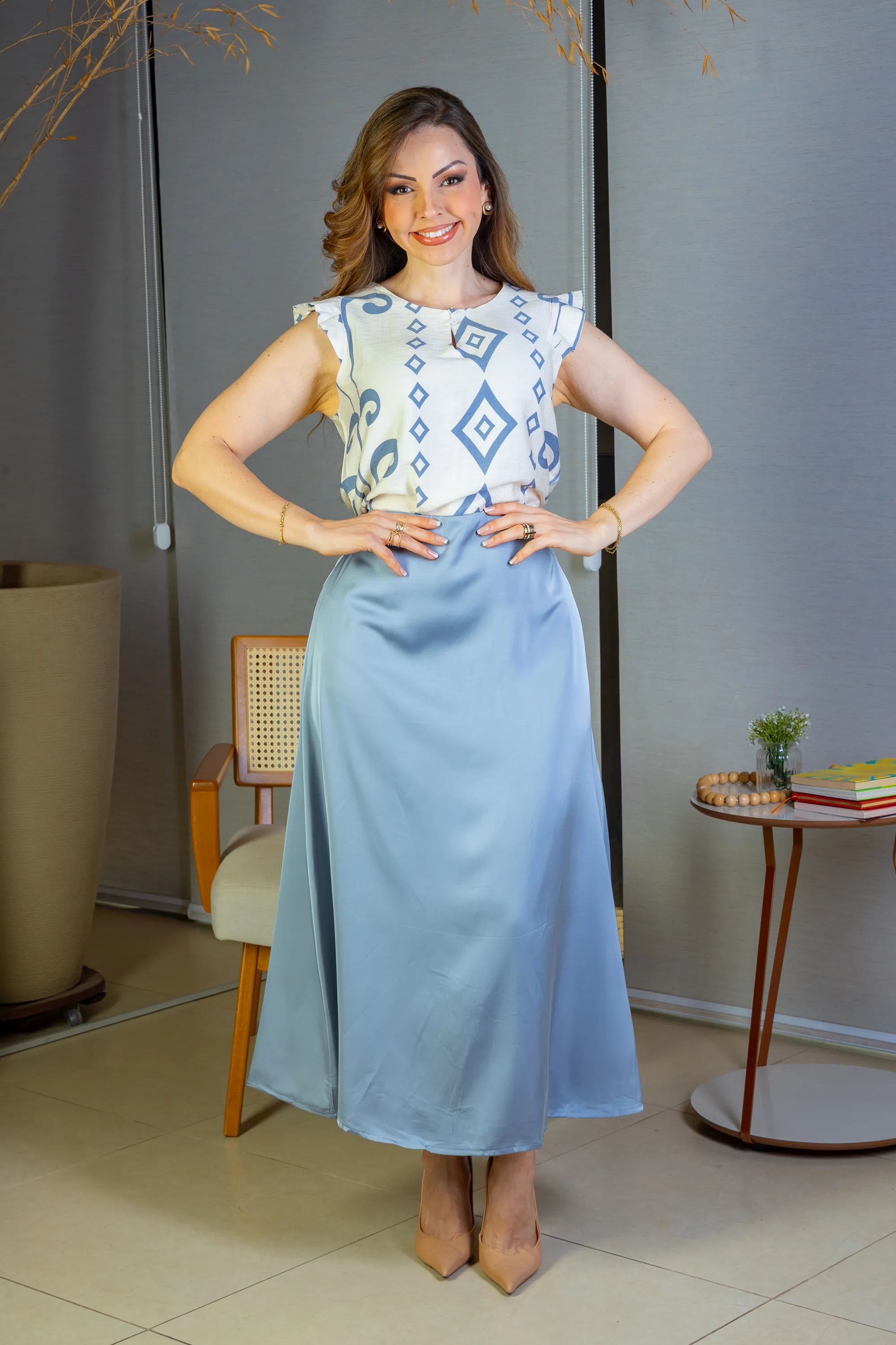 Blusa Regata Babados Sheila Visco Brise Estampada Azul