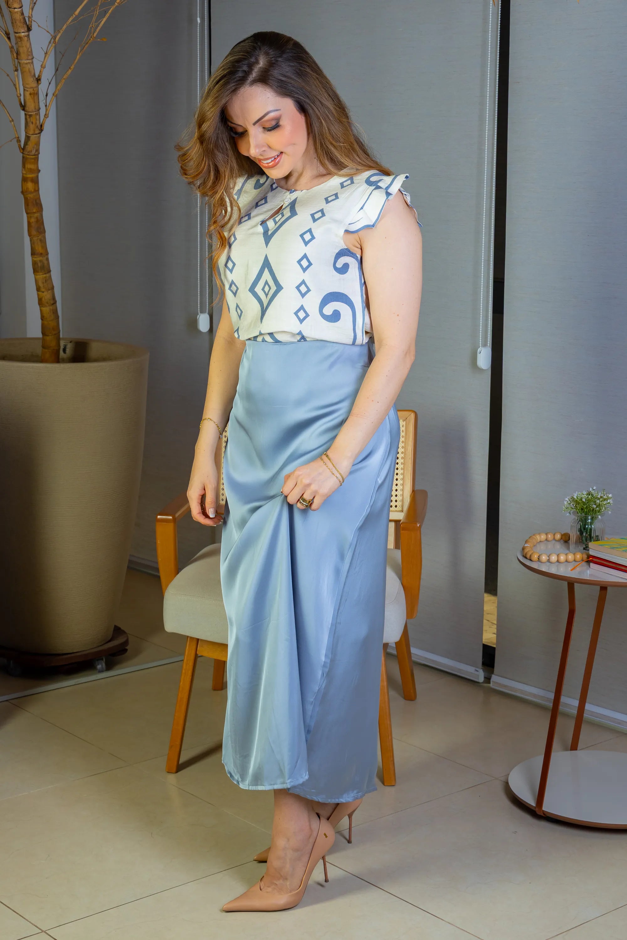 Blusa Regata Babados Sheila Visco Brise Estampada Azul