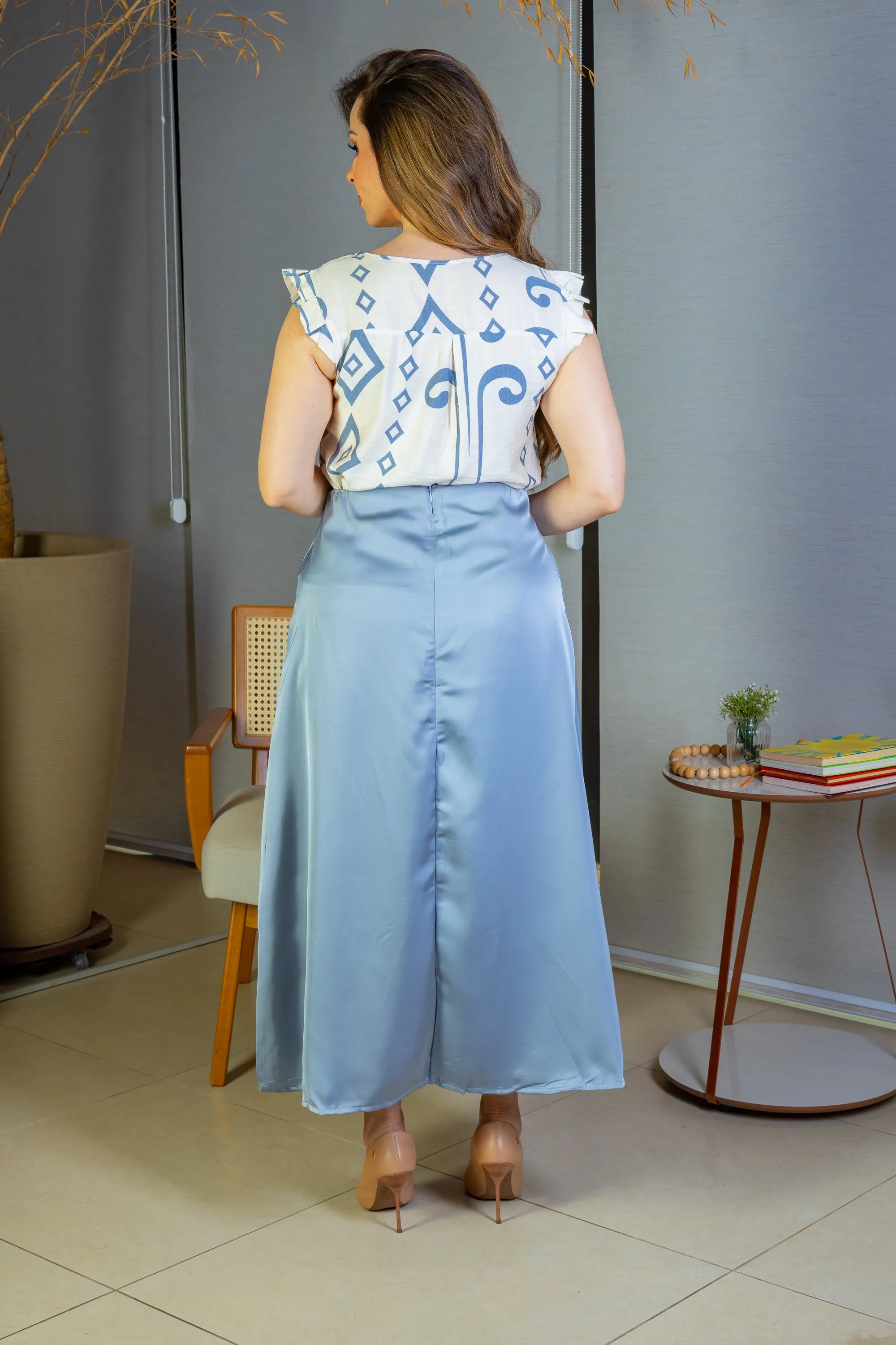 Blusa Regata Babados Sheila Visco Brise Estampada Azul