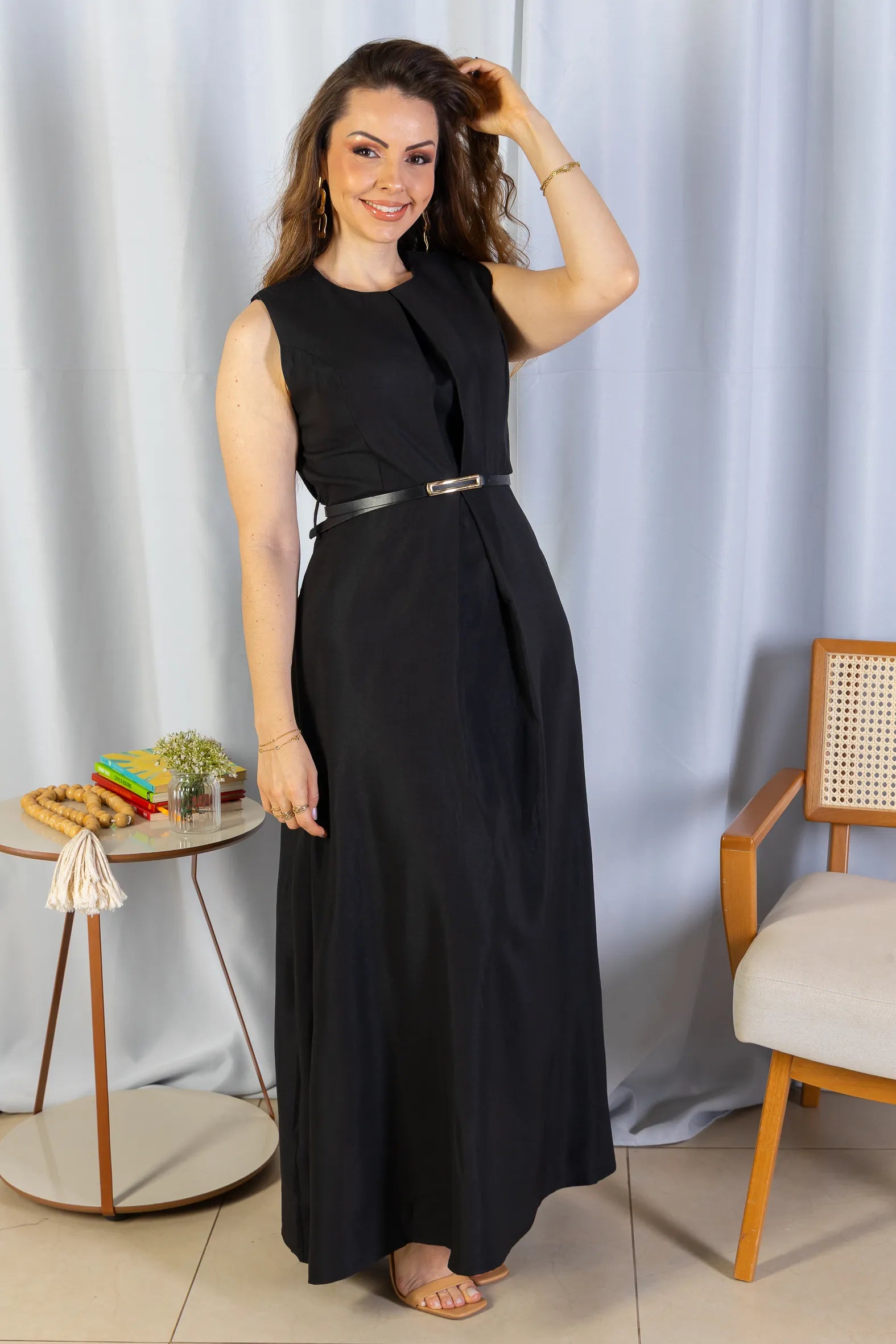 Vestido Longo Alfaiataria Detalhe Cinto Patrícia Poeta Preto