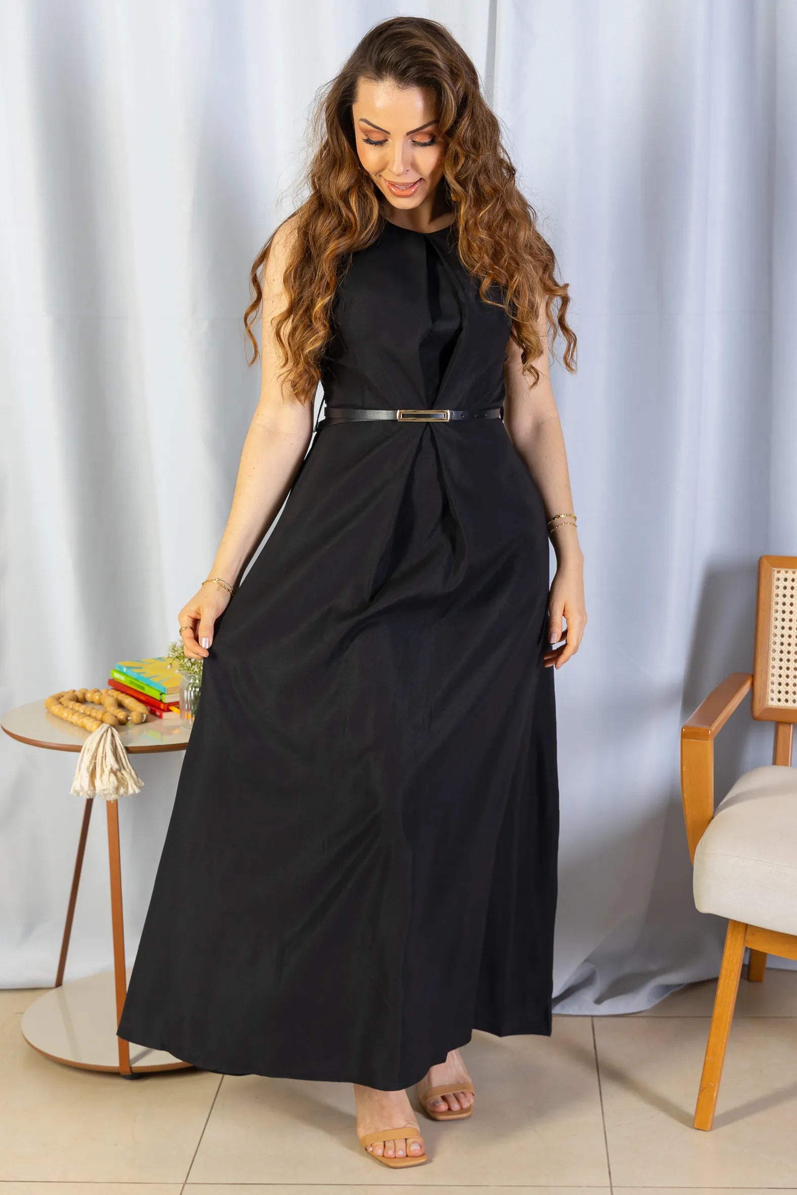 Vestido Longo Alfaiataria Detalhe Cinto Patrícia Poeta Preto