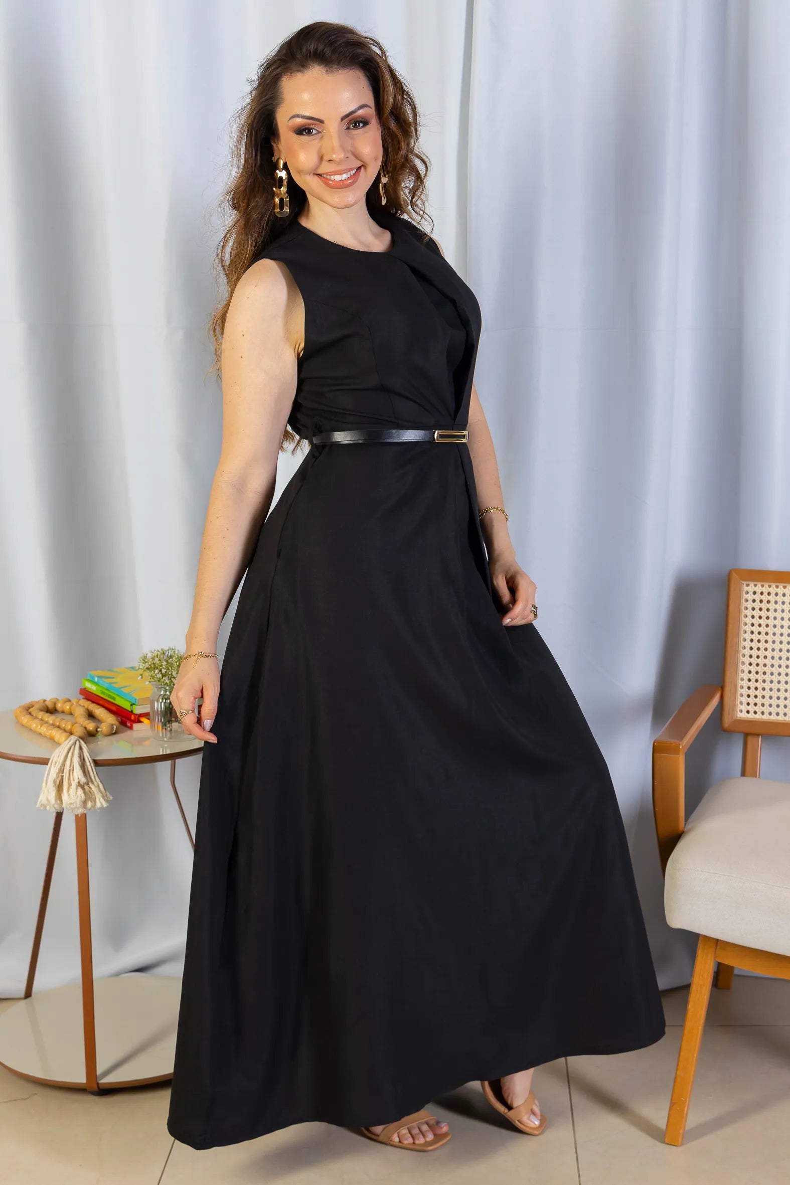 Vestido Longo Alfaiataria Detalhe Cinto Patrícia Poeta Preto
