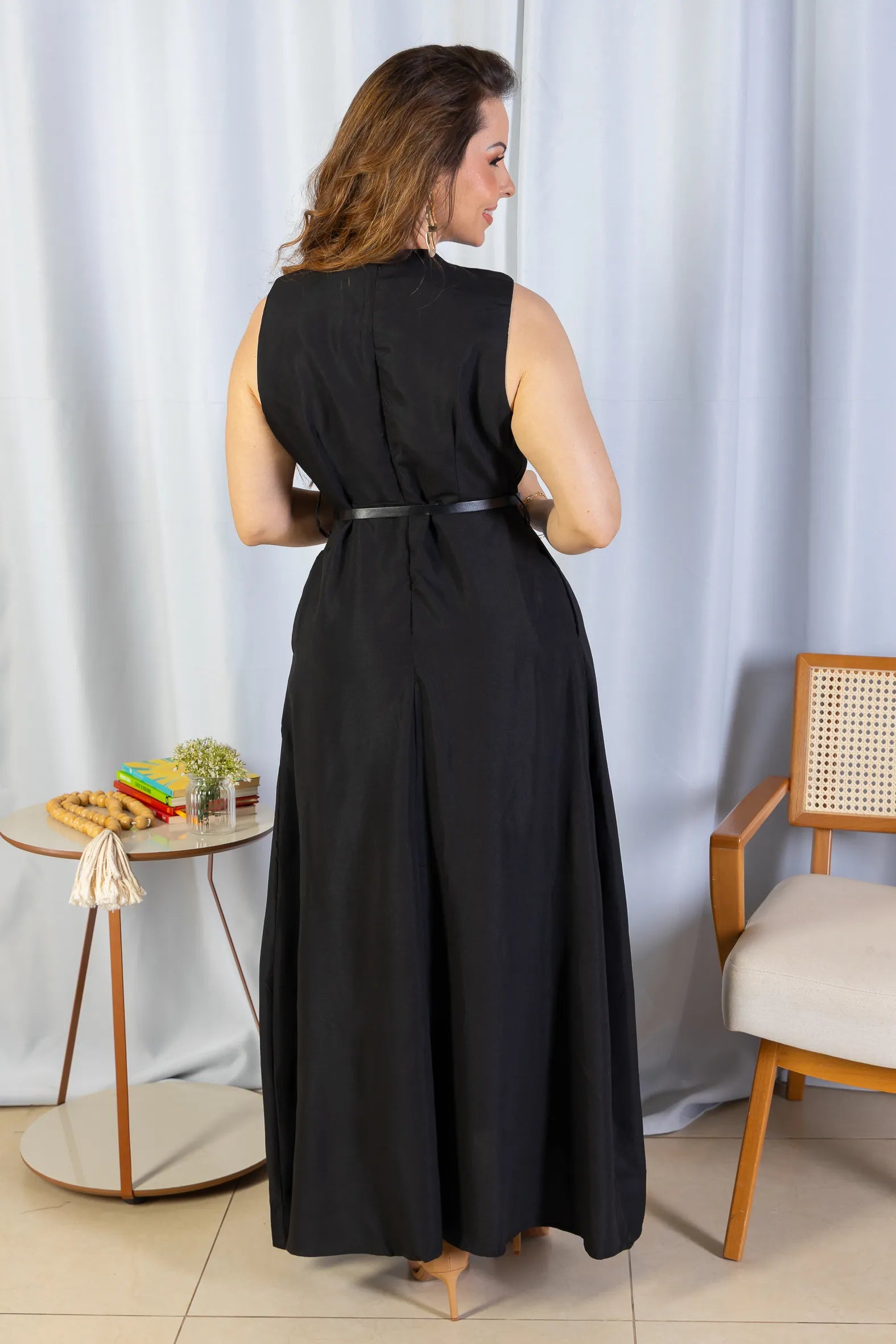 Vestido Longo Alfaiataria Detalhe Cinto Patrícia Poeta Preto