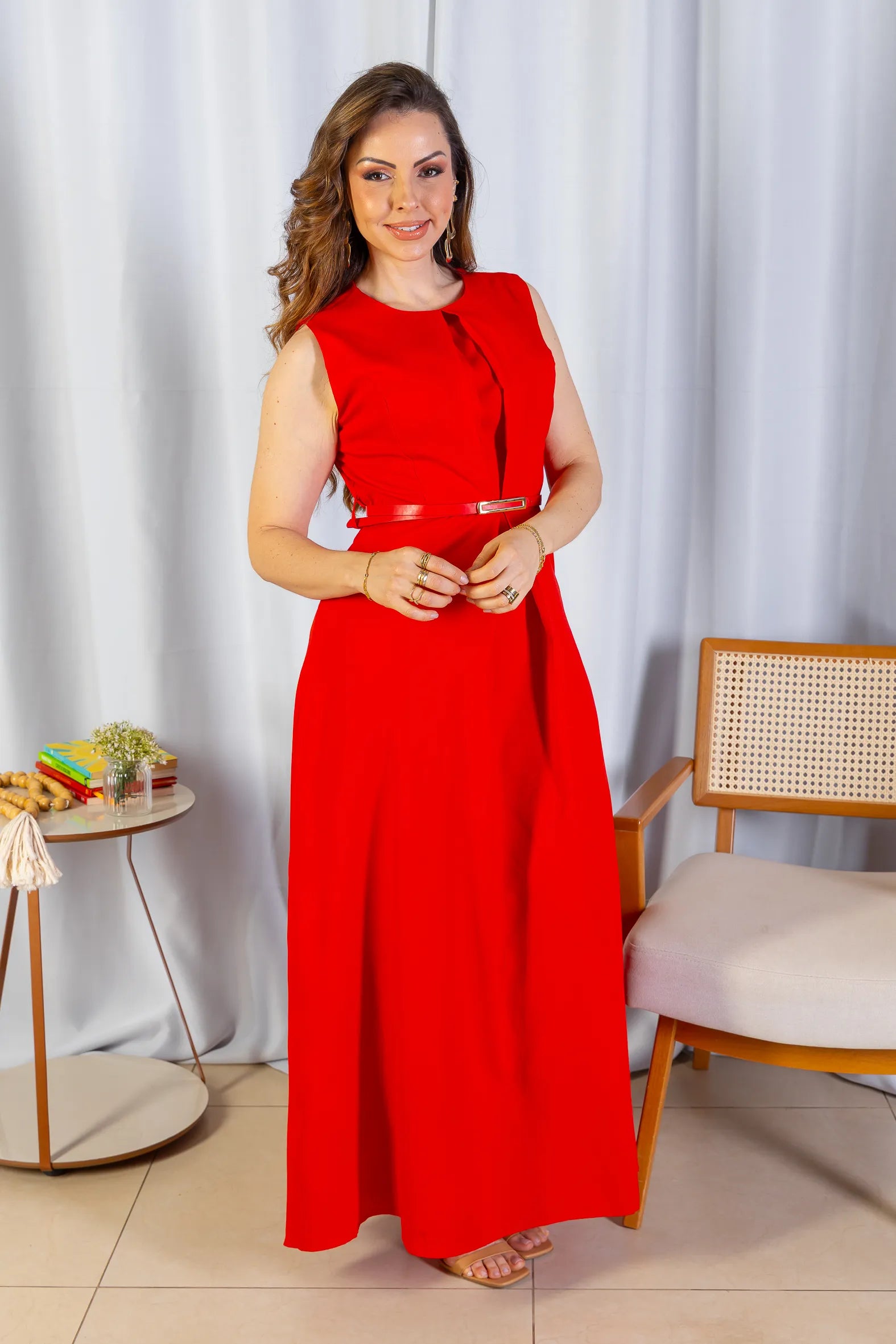 Vestido Longo Alfaiataria Detalhe Cinto Patrícia Poeta Vermelho