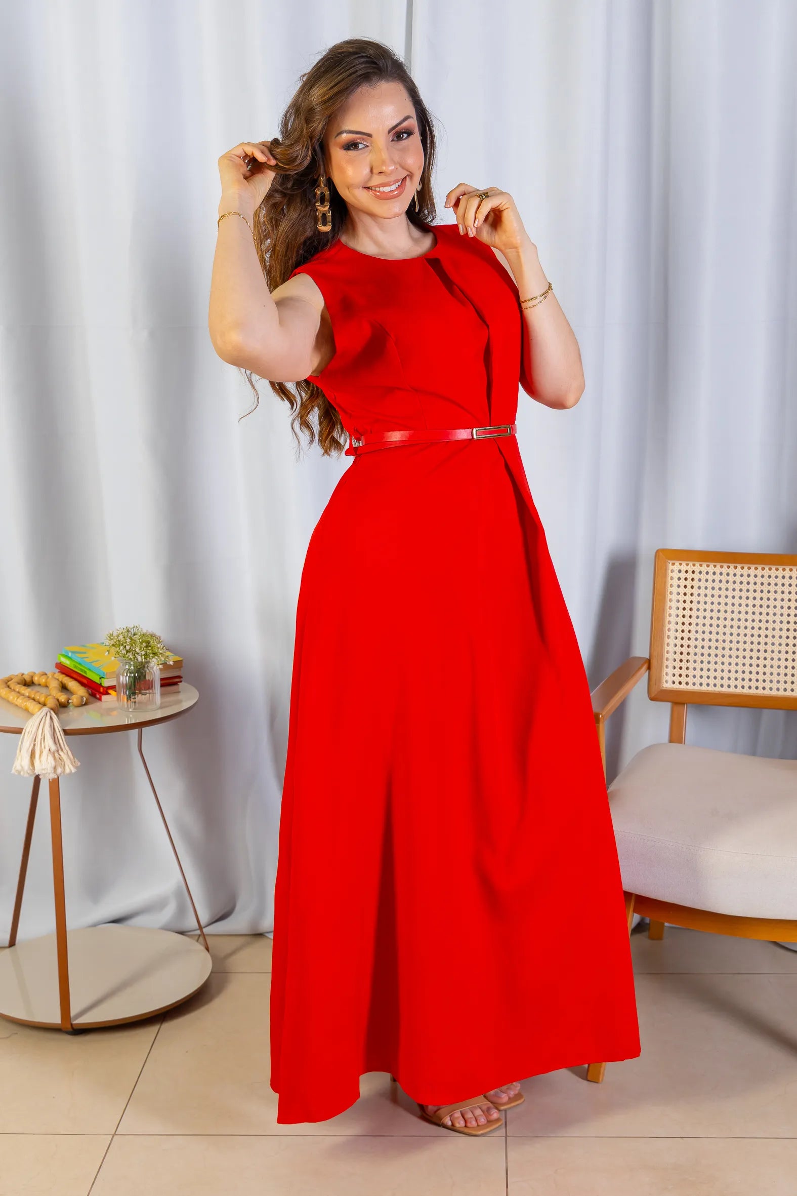 Vestido Longo Alfaiataria Detalhe Cinto Patrícia Poeta Vermelho