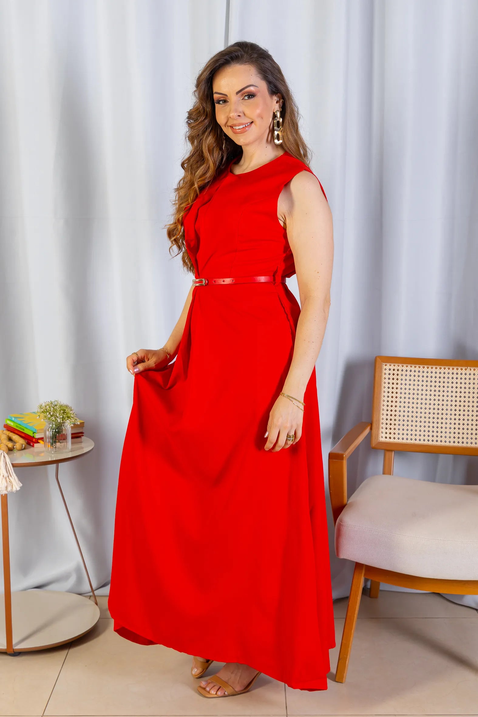 Vestido Longo Alfaiataria Detalhe Cinto Patrícia Poeta Vermelho