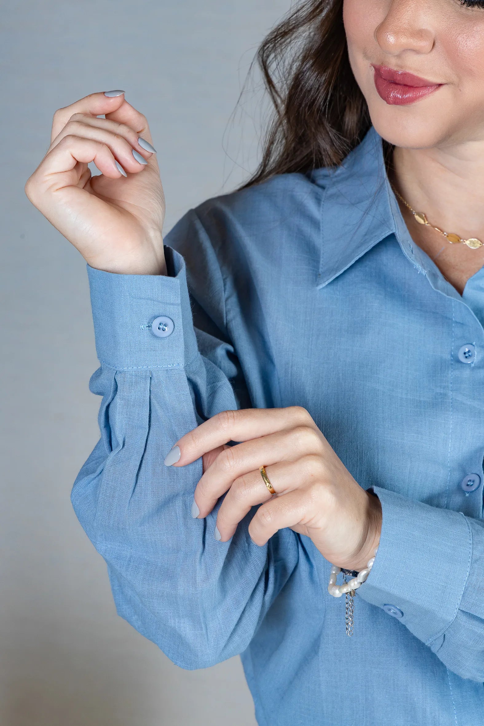 Camisa Manga Longa em Visco Rustic com Botões Jordana Azul