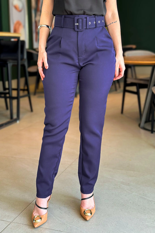 Calça Cinto Encapado Cenoura Azul Marinho - imporium