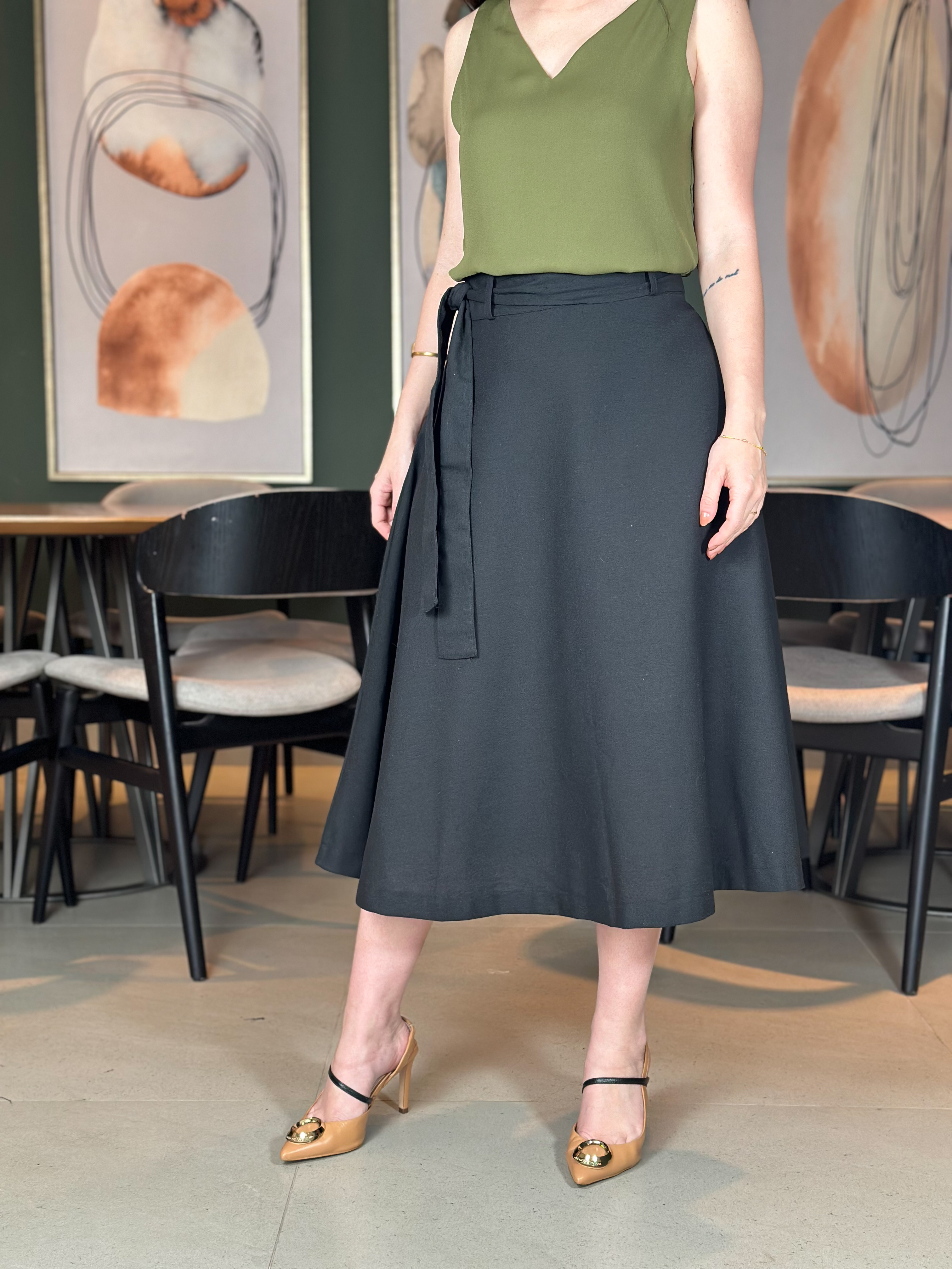 Linho Tecido Saia Midi Saia MIDI Evasê De Linho Com Viscose