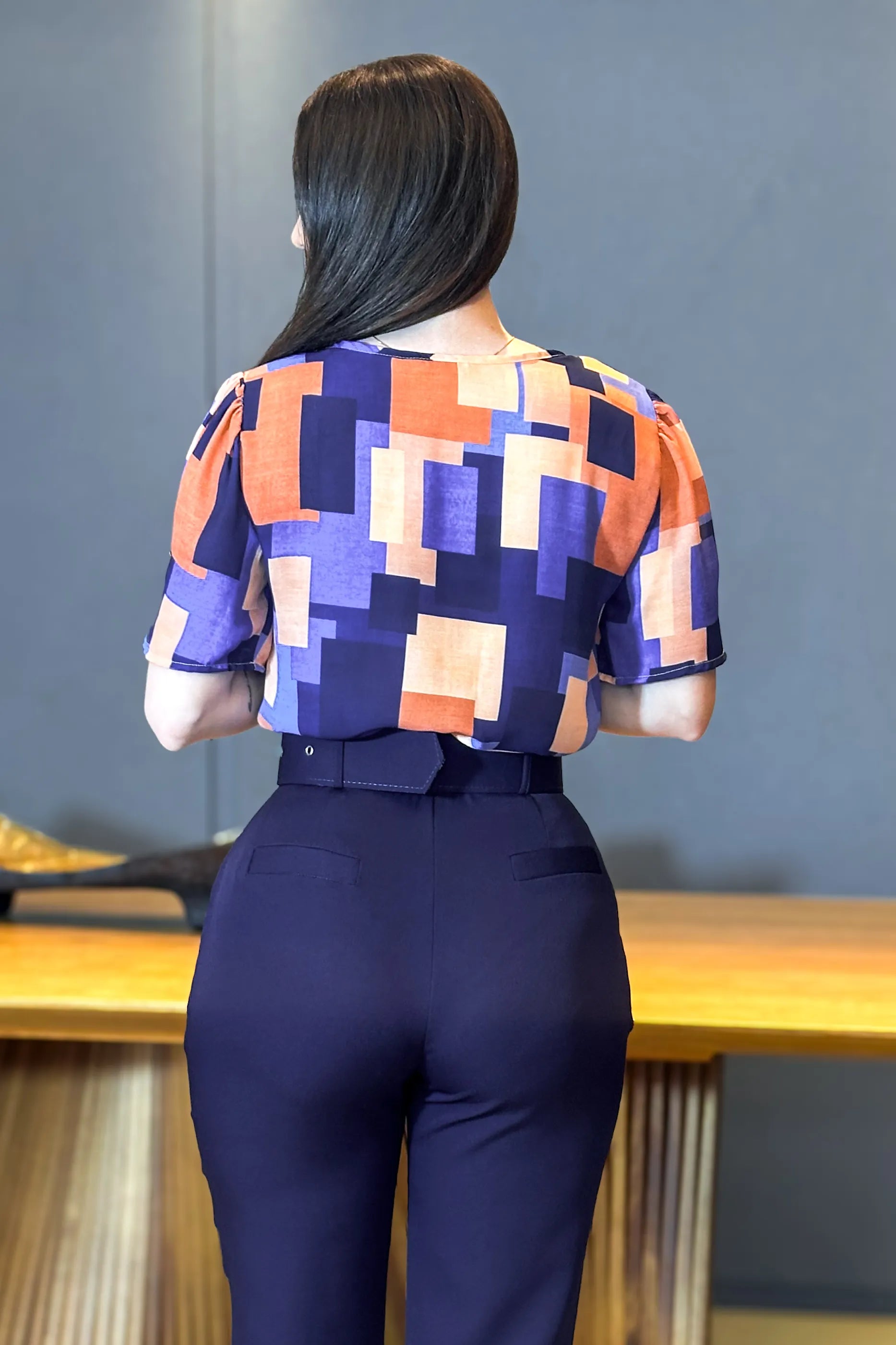 Blusa Manga Curta Detalhe Botões Karen Estampada Azul