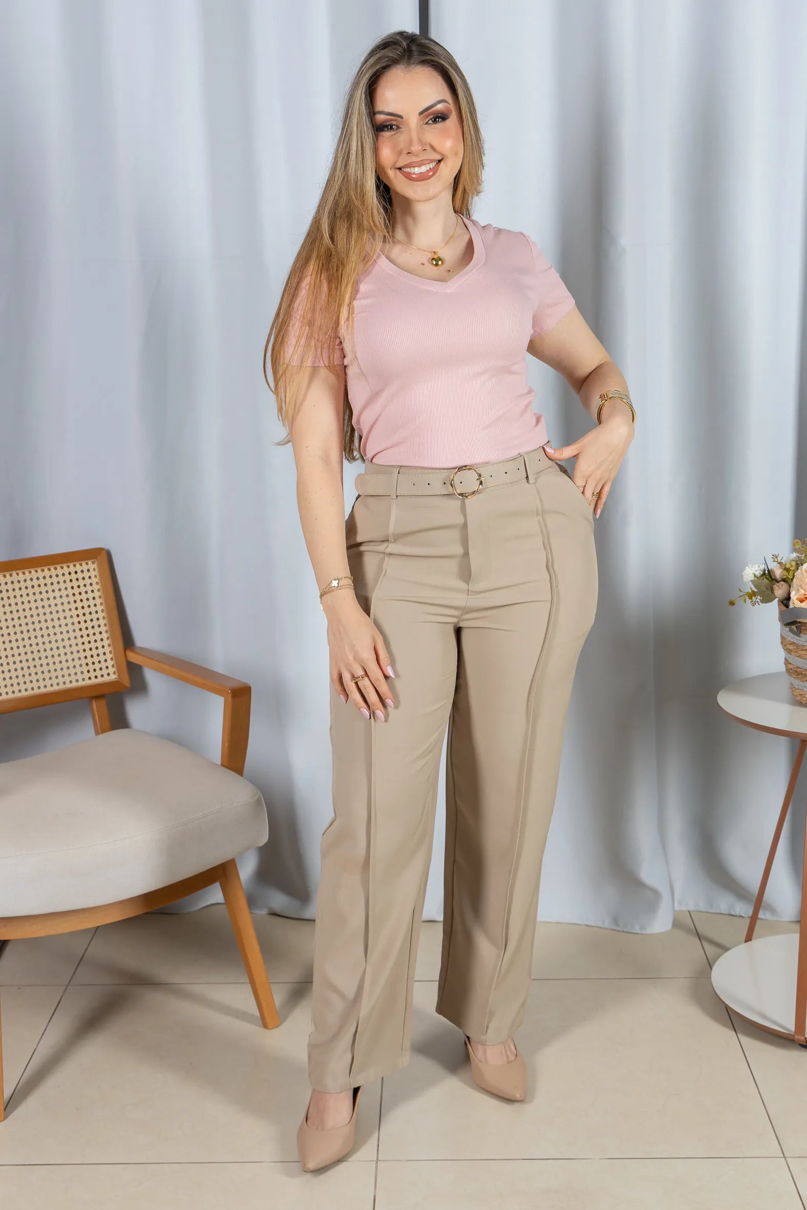 Blusa Malha Canelada que Estica Celeste Rosa