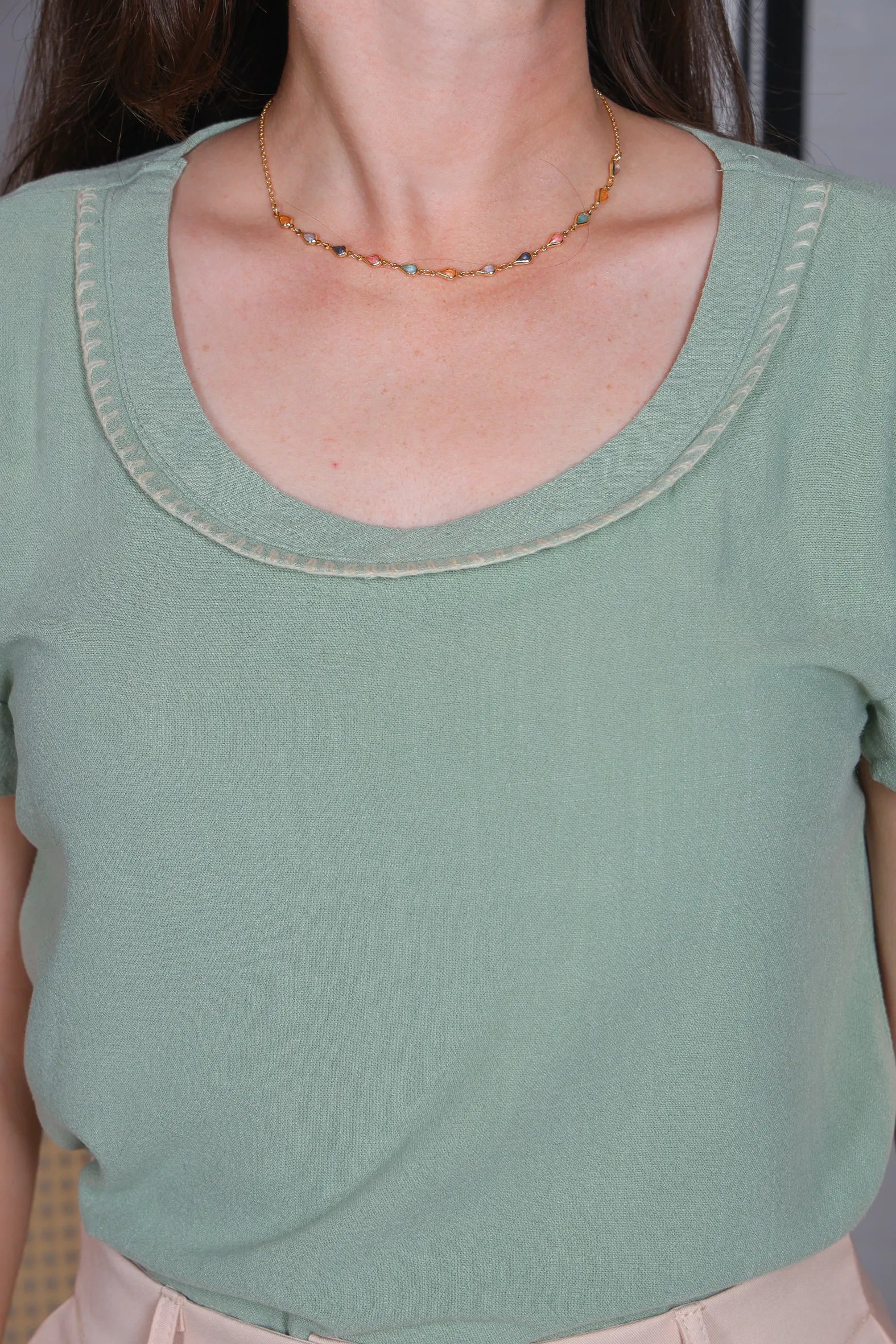 Blusa Manga Curta Transpassada Visco Linho Detalhe Colo Fabiana Verde