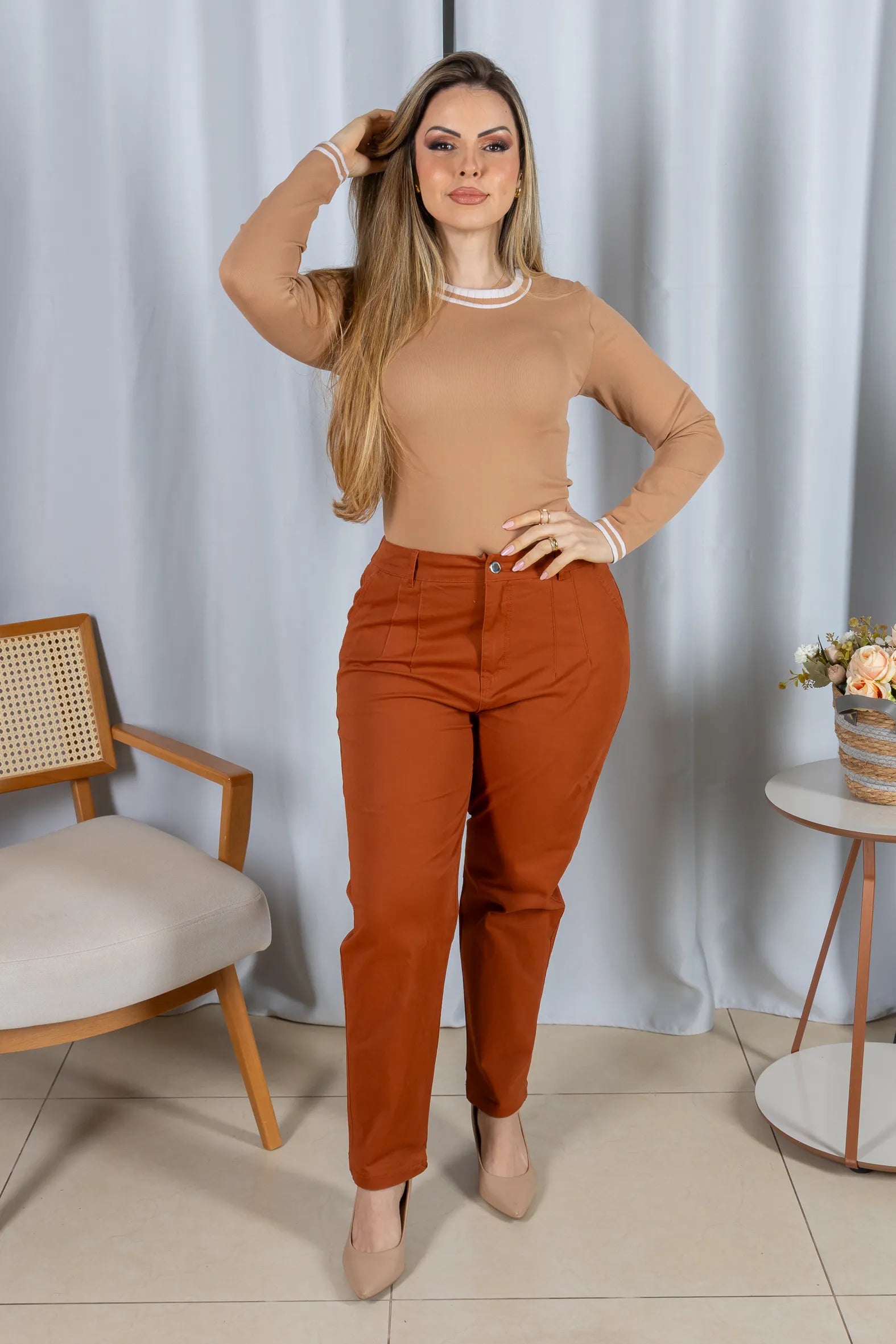 Blusa Manga Longa Confortável Daniela Caramelo