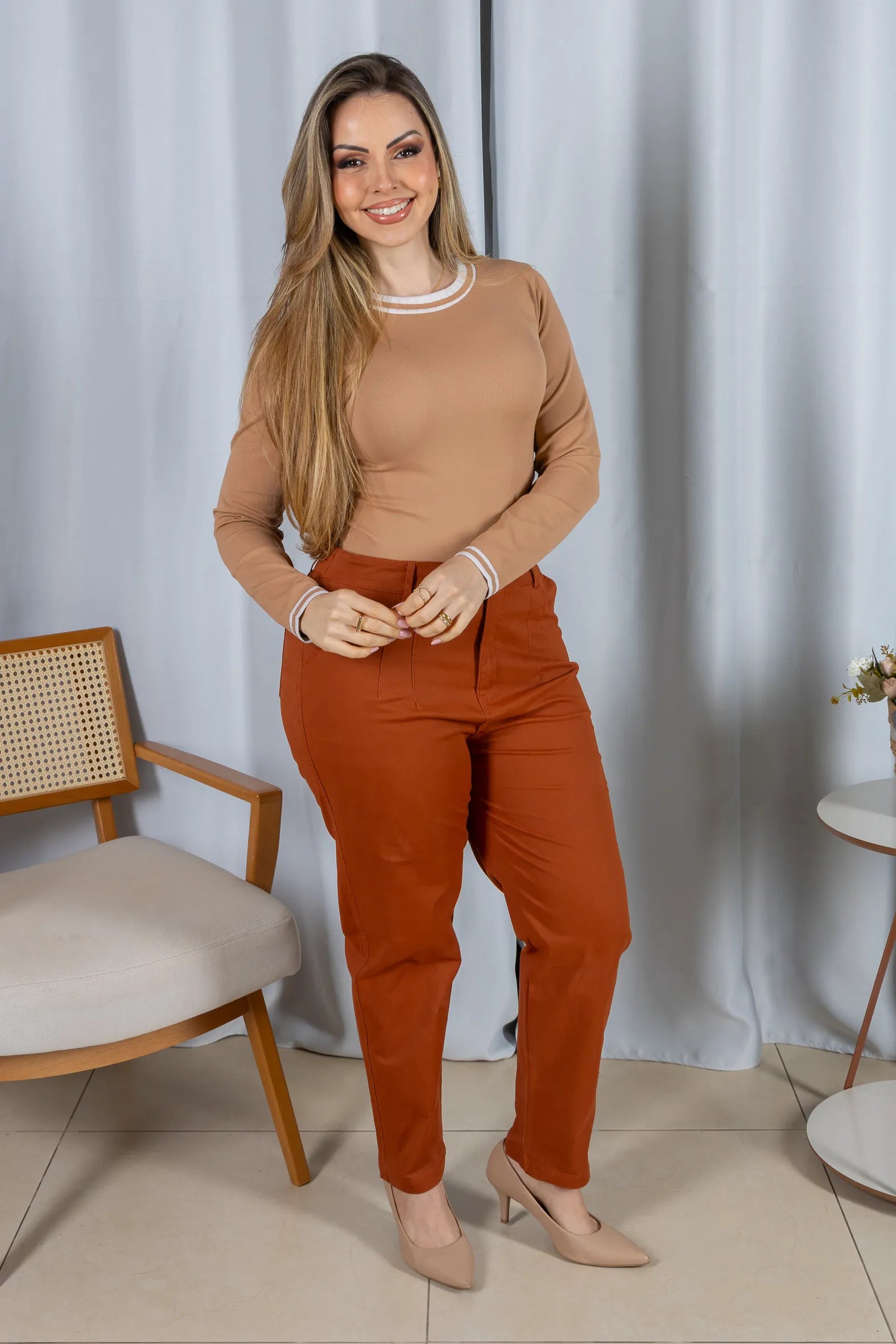 Blusa Manga Longa Confortável Daniela Caramelo