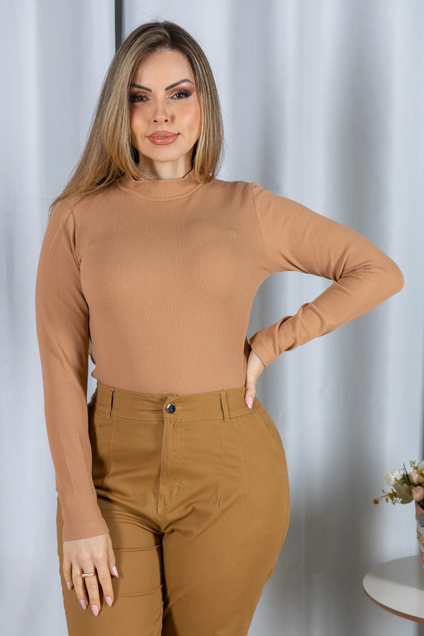 Blusa Manga Longa Malha Canelada Anastácia Bege