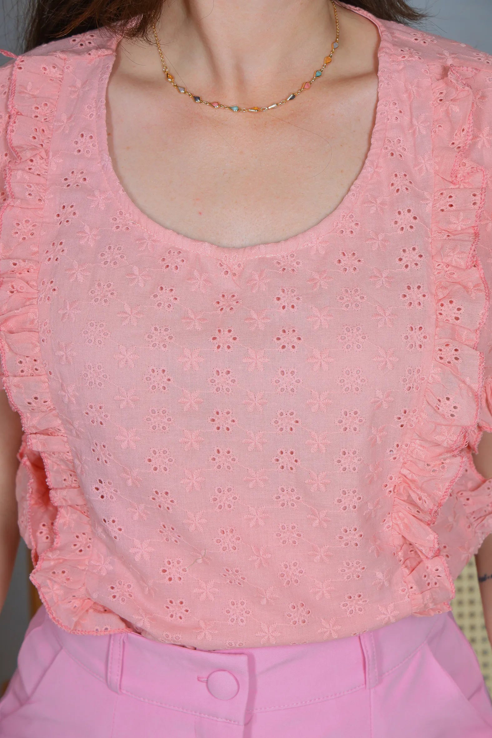 Blusa Manga Curta em Cotton Laise Detalhes Babados Marta Rosa