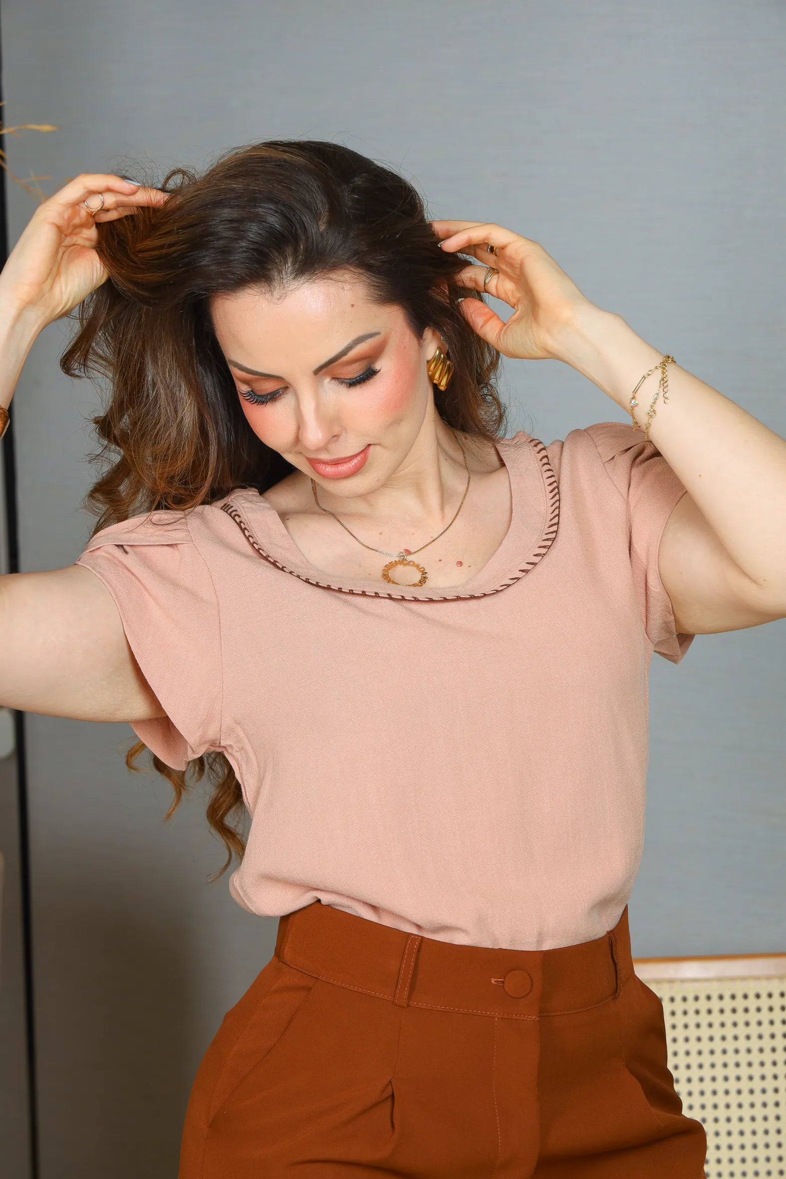 Blusa Manga Curta Transpassada Visco Linho Detalhe Colo Fabiana Rosê