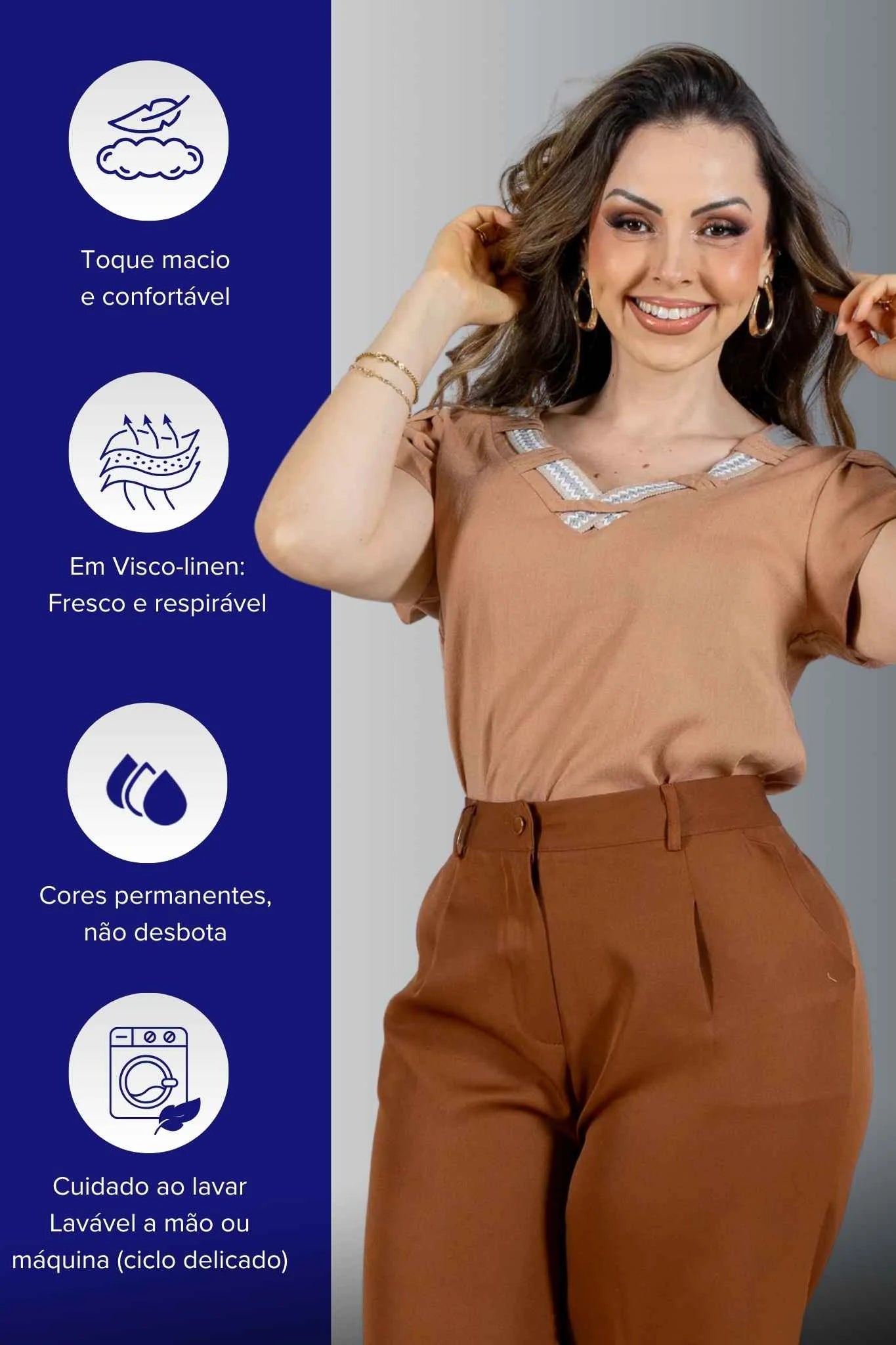 Blusa Manga Curta Transpassada Decote V em Visco Linen com Gola Detalhada Iris Marrom
