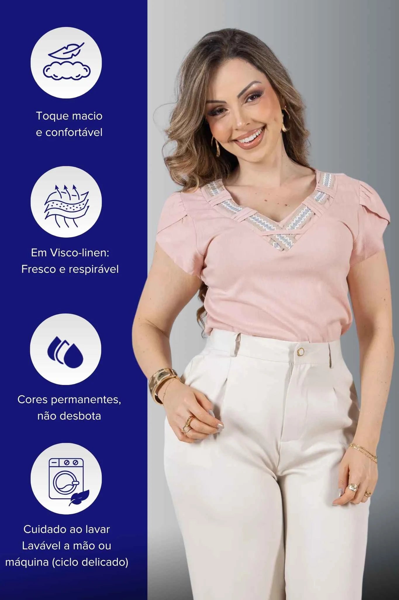 Blusa Manga Curta Transpassada Decote V em Visco Linen com Gola Detalhada Iris Rosa
