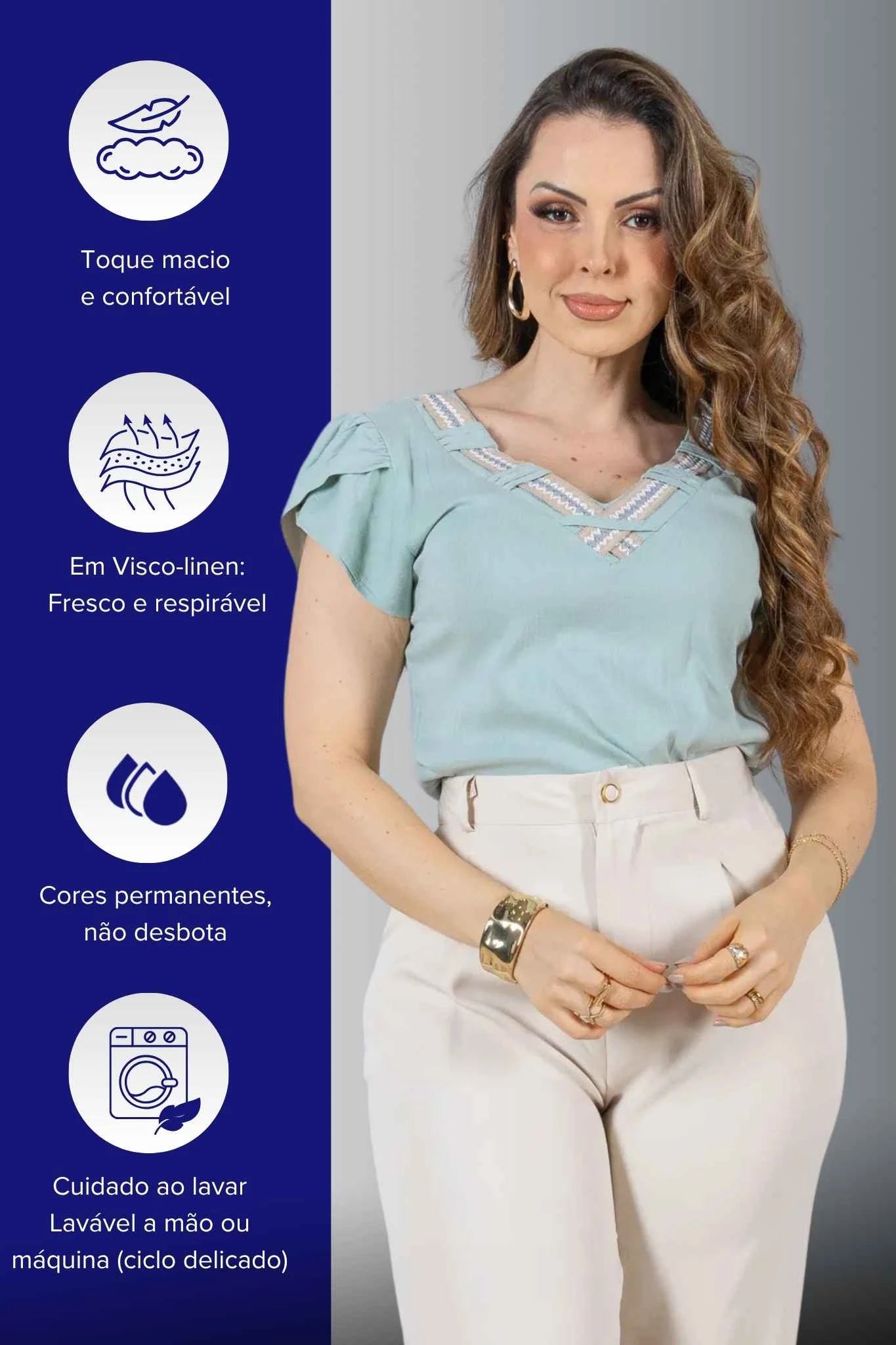 Blusa Manga Curta Transpassada Decote V em Visco Linen com Gola Detalhada Iris Verde Turquesa