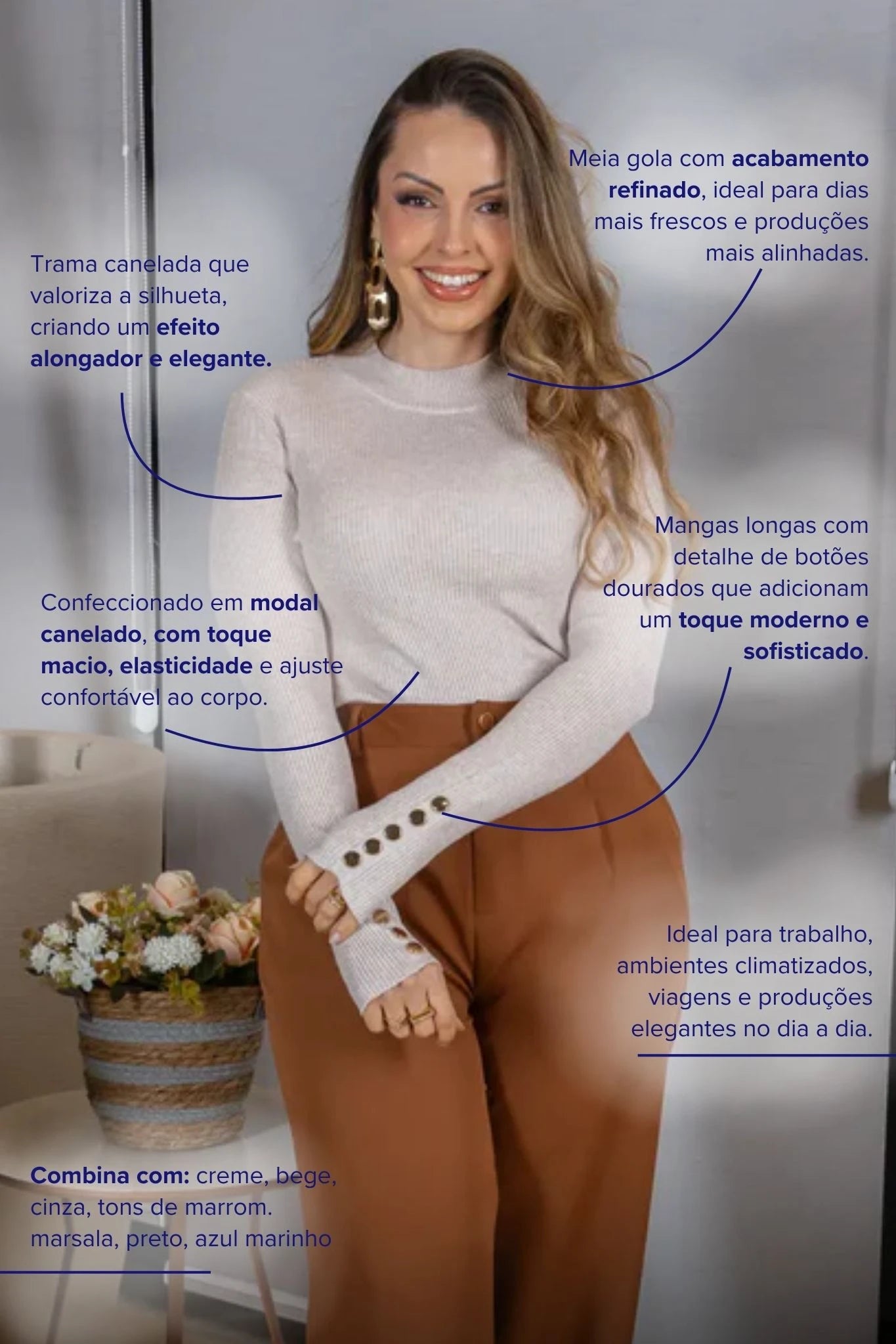 Tricot Manga Longa Meia Gola em Modal Canelado Isadora Caqui