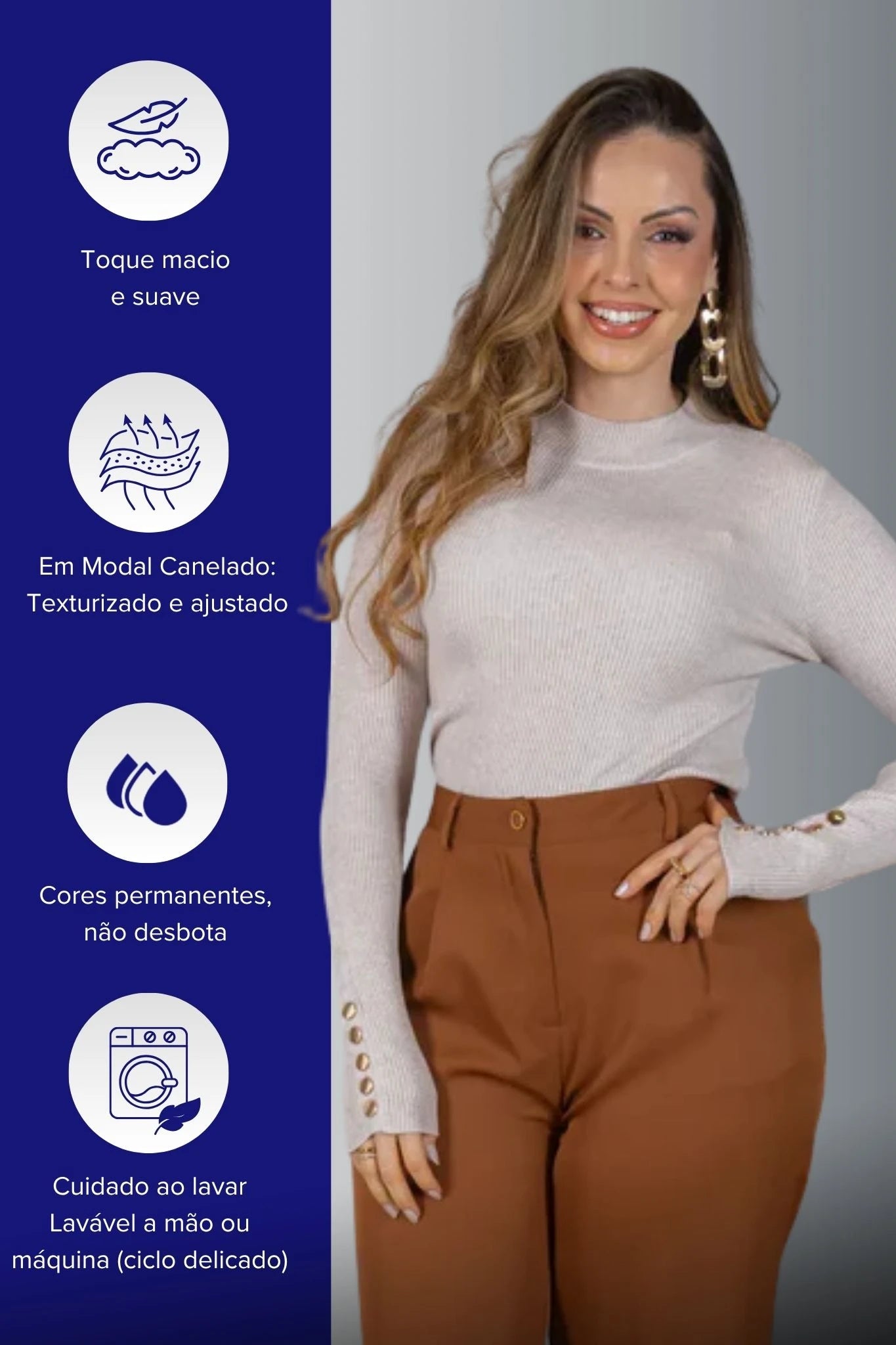 Tricot Manga Longa Meia Gola em Modal Canelado Isadora Caqui