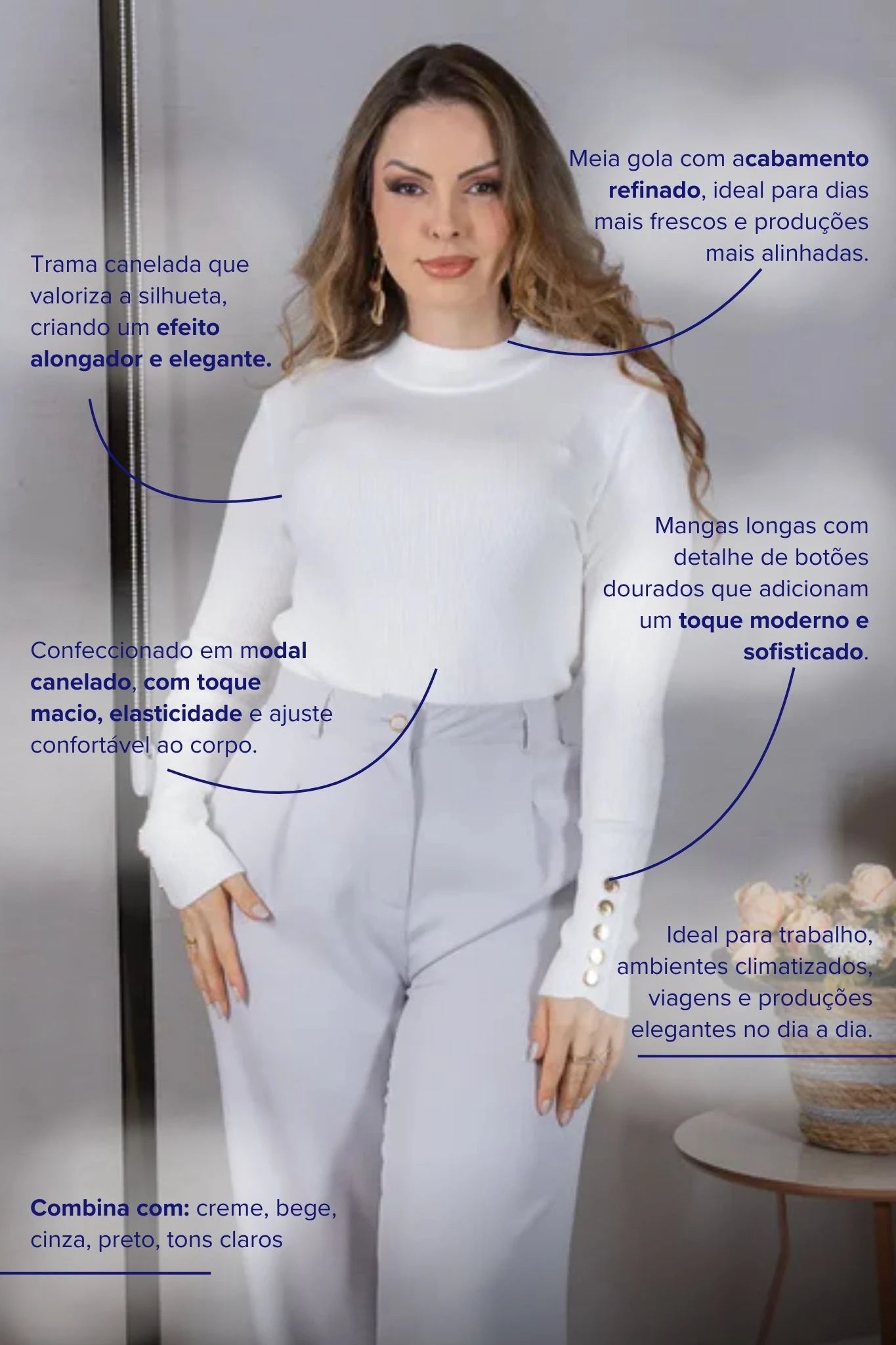 Tricot Manga Longa Meia Gola em Modal Canelado Isadora Branco