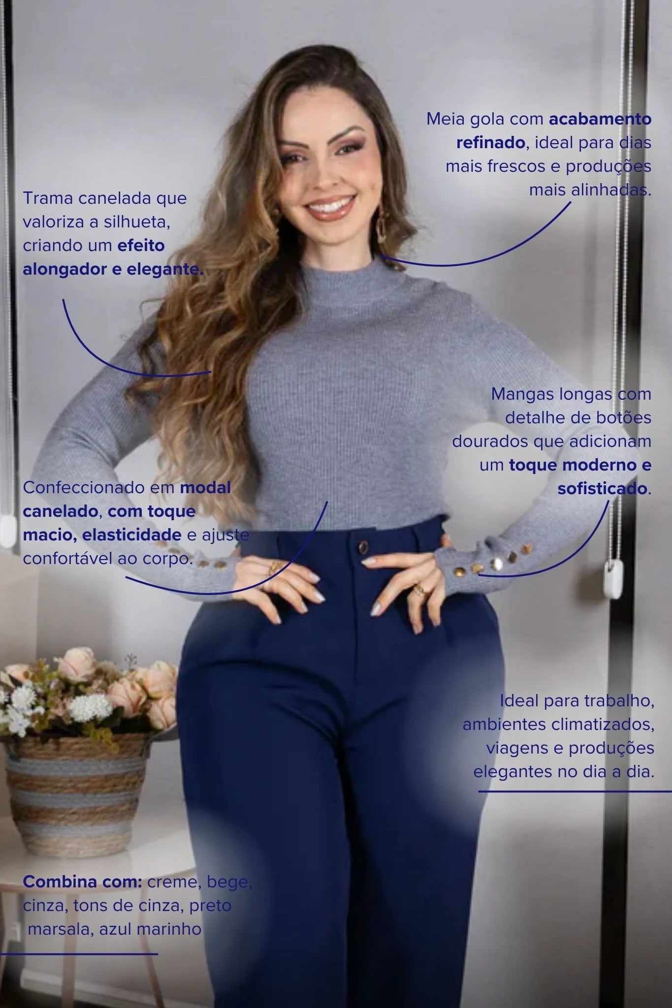 Tricot Manga Longa Meia Gola em Modal Canelado Isadora CInza