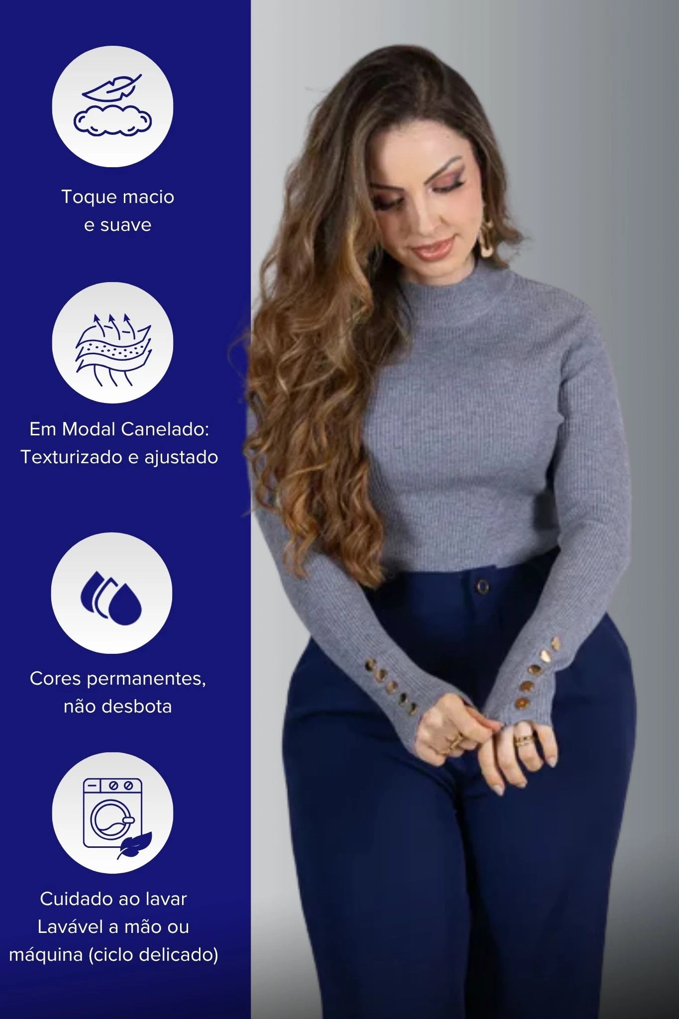 Tricot Manga Longa Meia Gola em Modal Canelado Isadora CInza