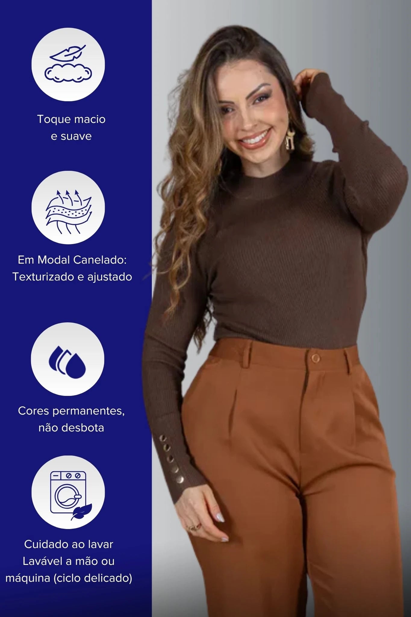 Tricot Manga Longa Meia Gola em Modal Canelado Isadora Marrom