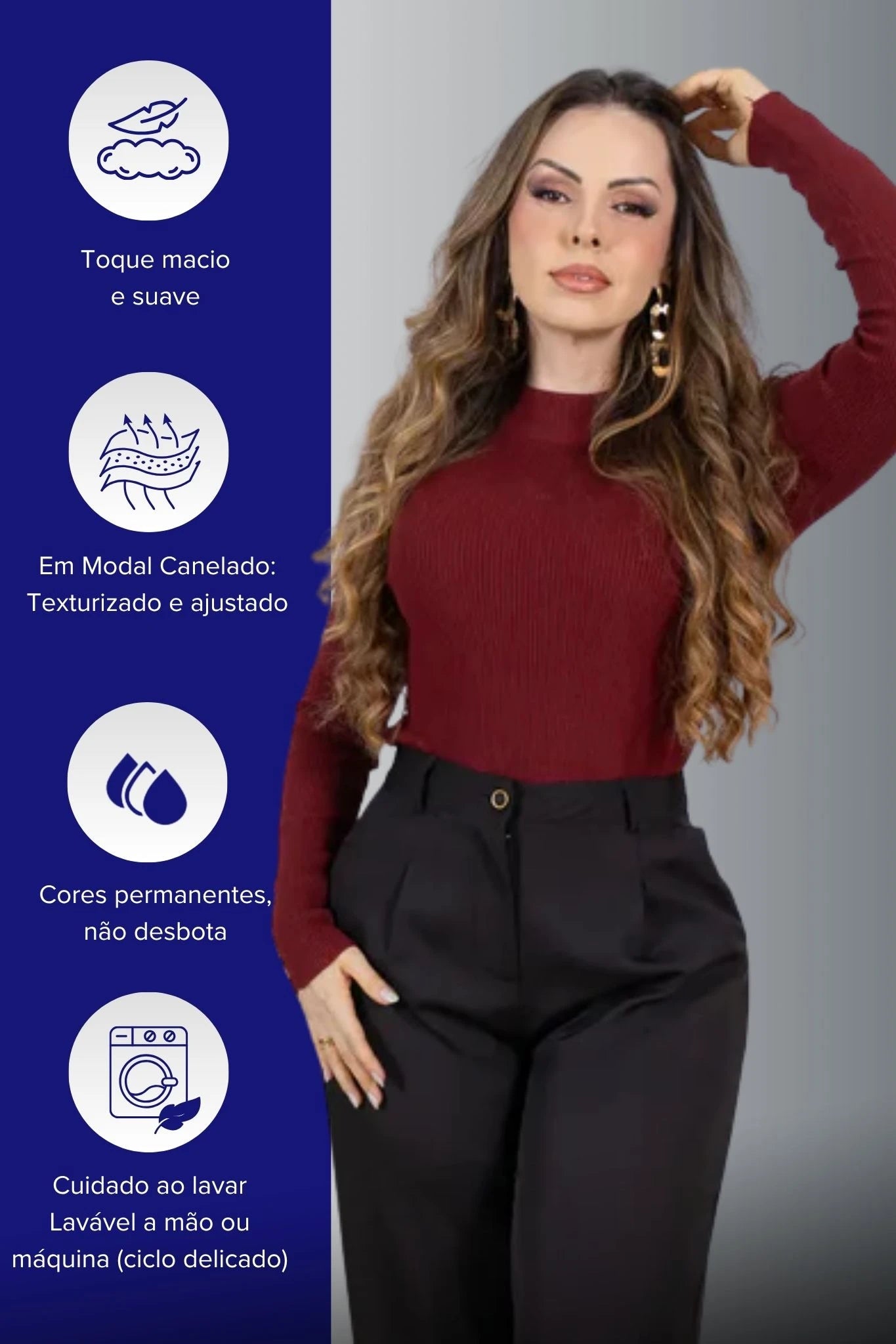 Tricot Manga Longa Meia Gola em Modal Canelado Isadora Bordô