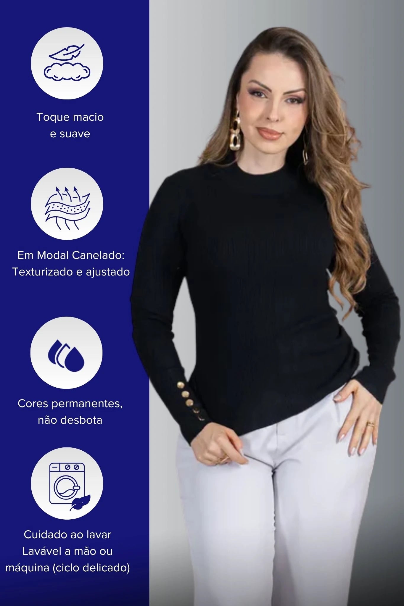 Tricot Manga Longa Meia Gola em Modal Canelado Isadora Preto
