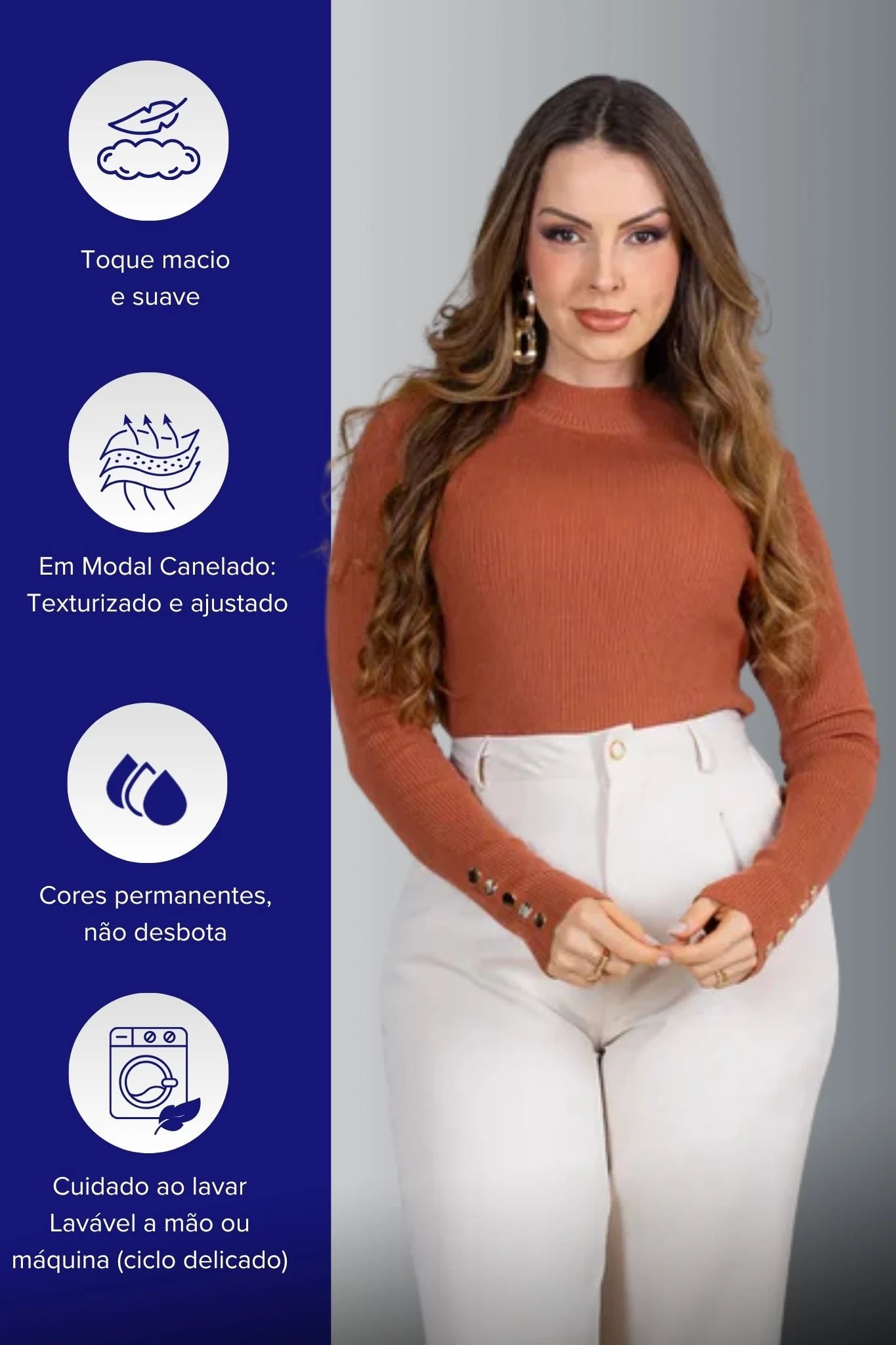 Tricot Manga Longa Meia Gola em Modal Canelado Isadora Terracota