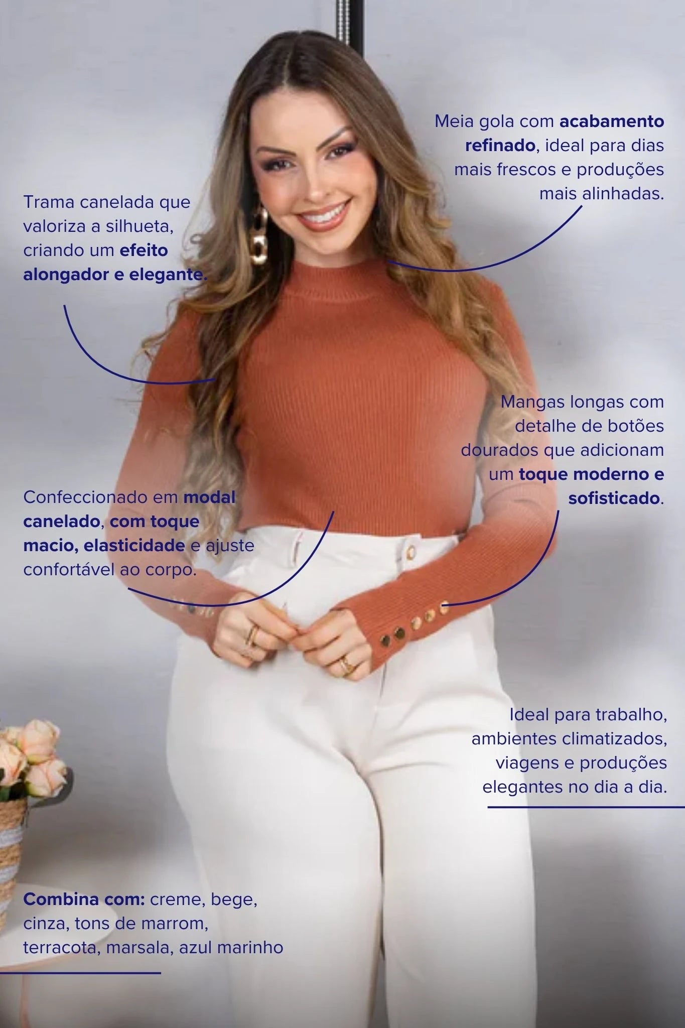 Tricot Manga Longa Meia Gola em Modal Canelado Isadora Terracota