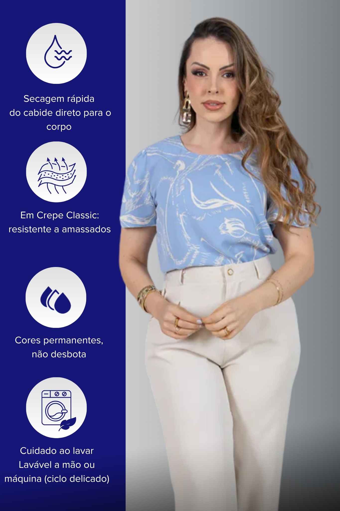 Blusa Manga Curta com Detalhe em Botão Crepe Classic Estampada Jade Azul
