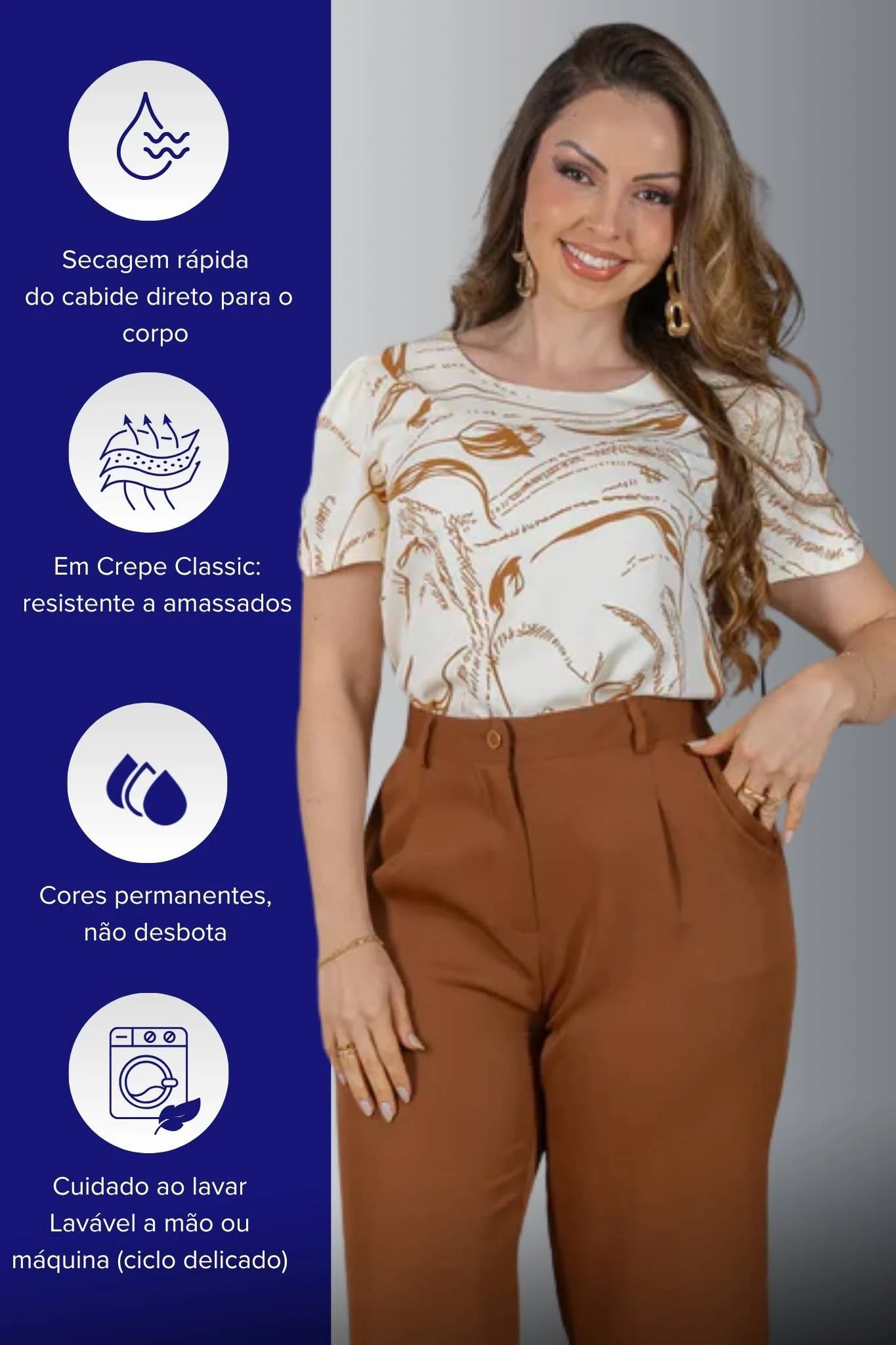 Blusa Manga Curta com Detalhe em Botão Crepe Classic Estampada Jade Bege